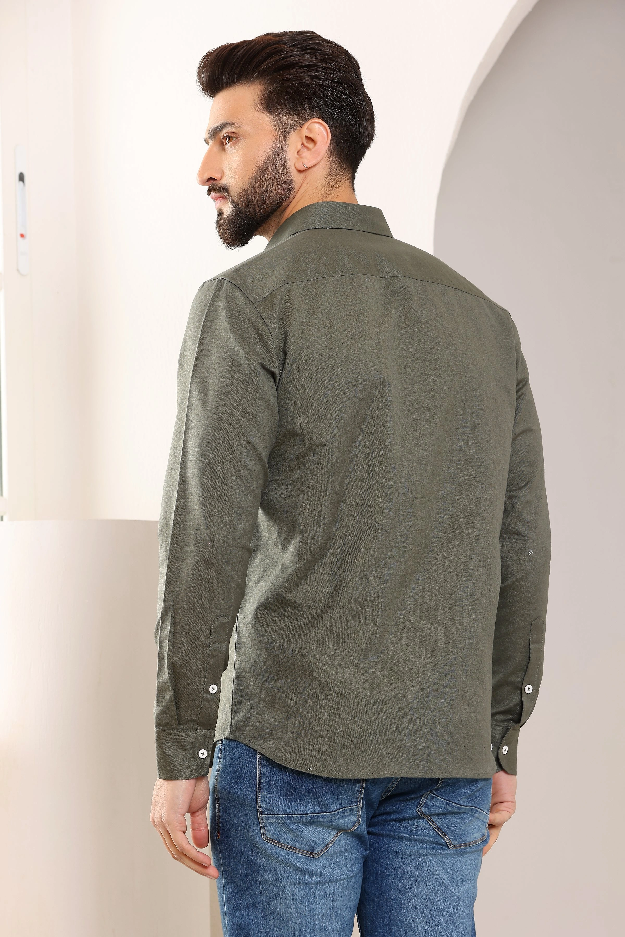 Olive Green Pure Linen Shirt-S-6