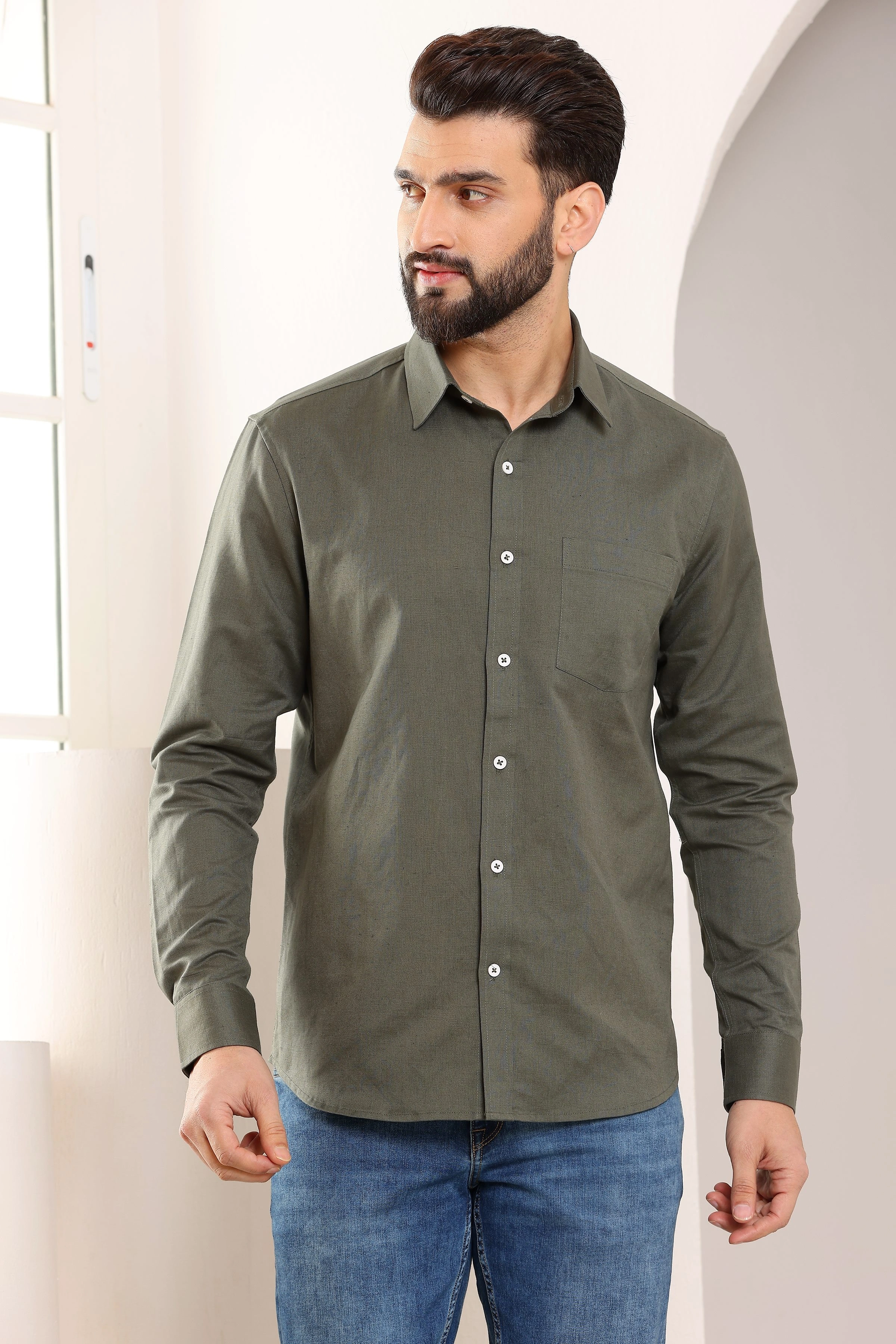 Olive Green Pure Linen Shirt-BE1111-S