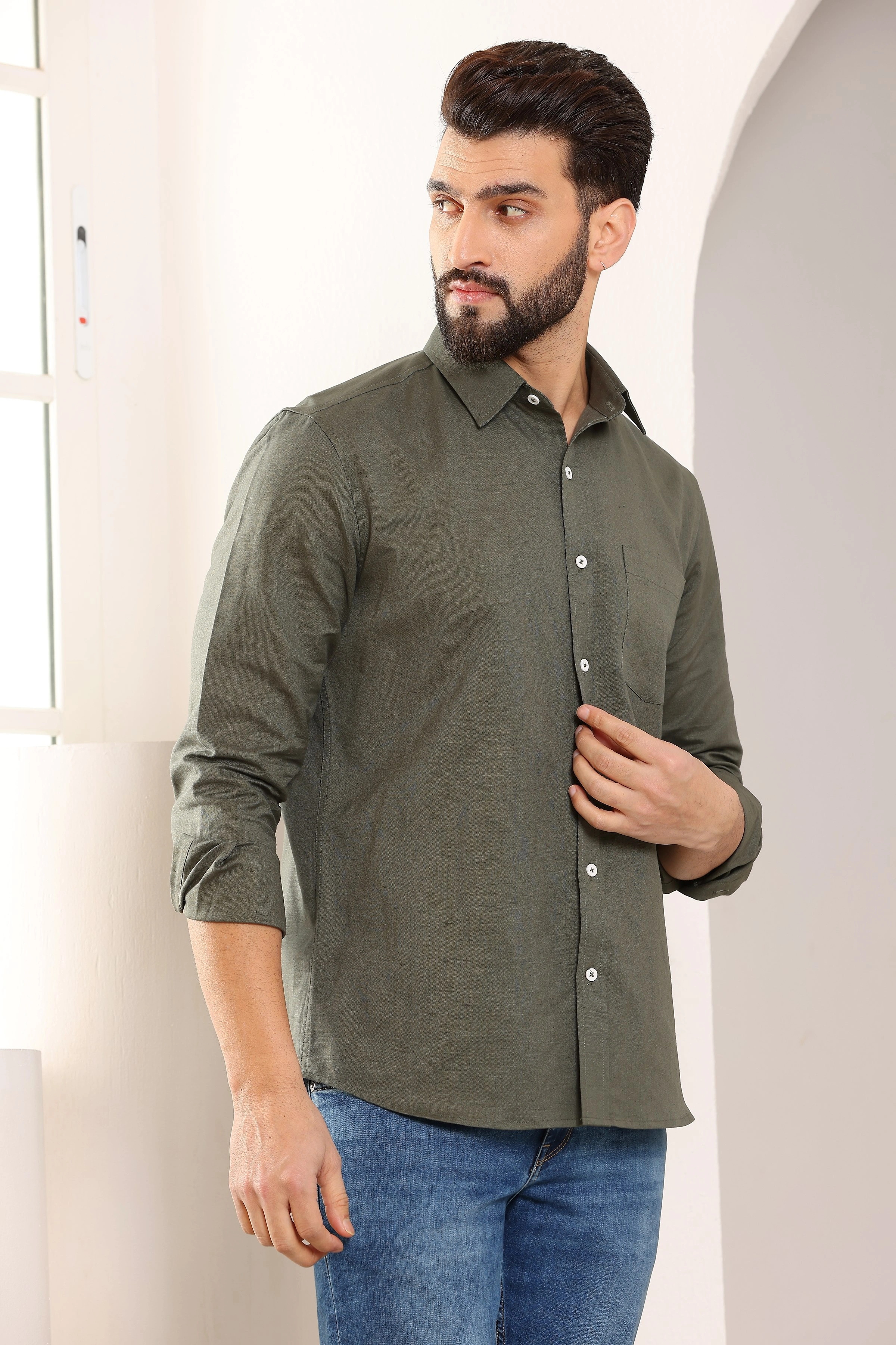 Olive Green Pure Linen Shirt-S-1