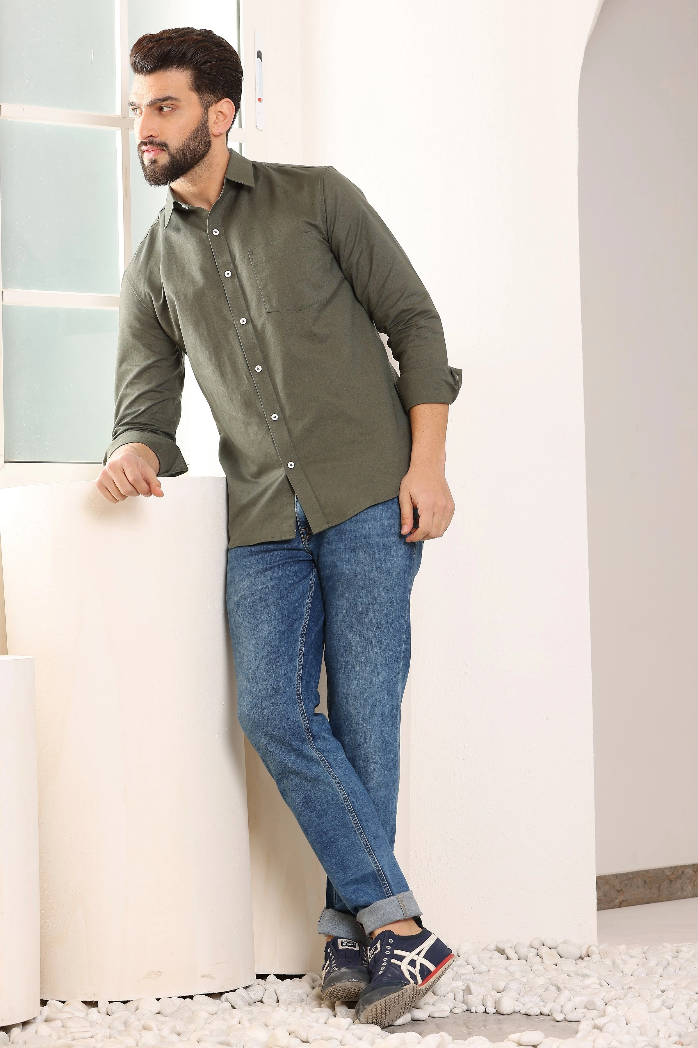 Olive Green Pure Linen Shirt-S-2