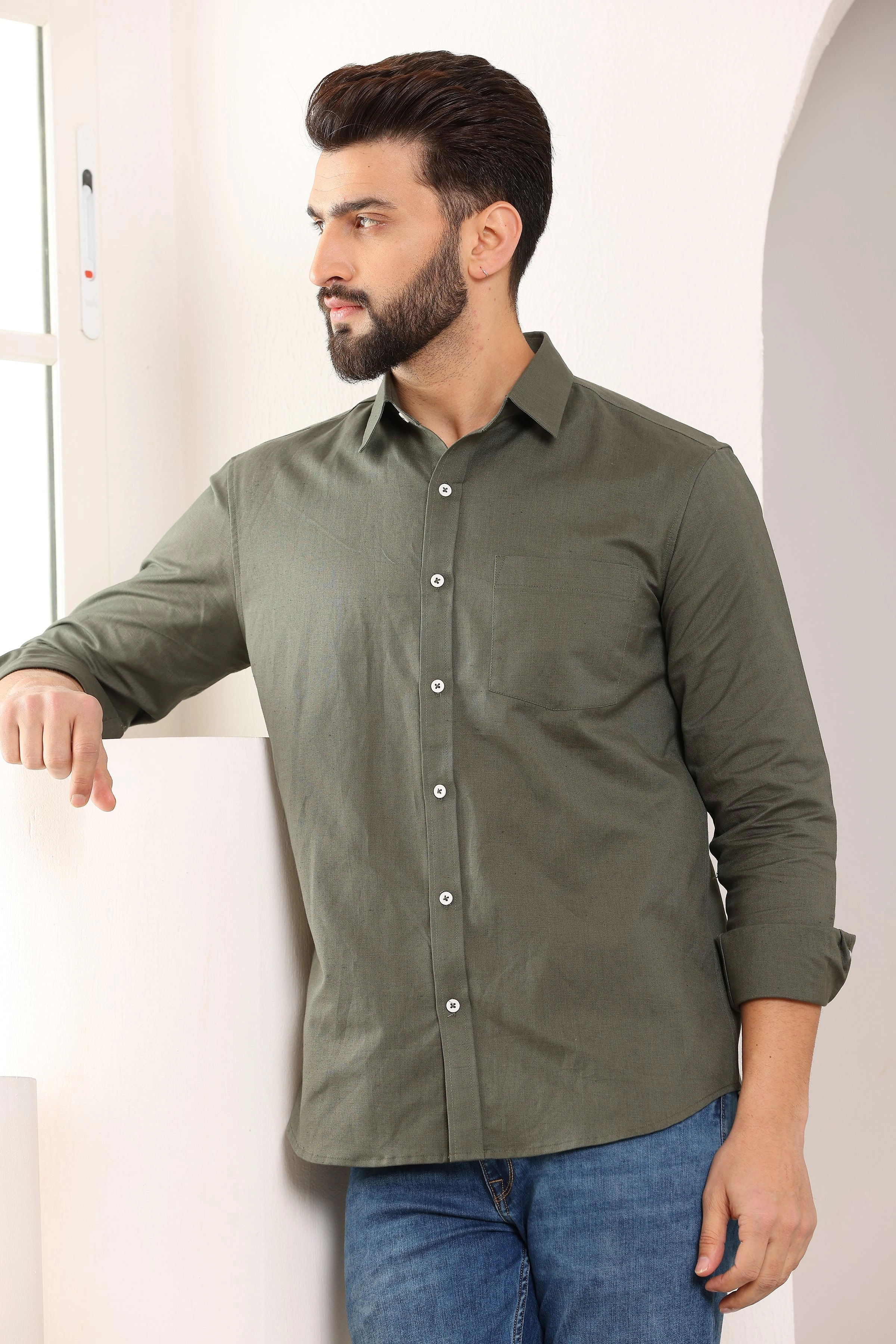 Olive Green Pure Linen Shirt-S-3
