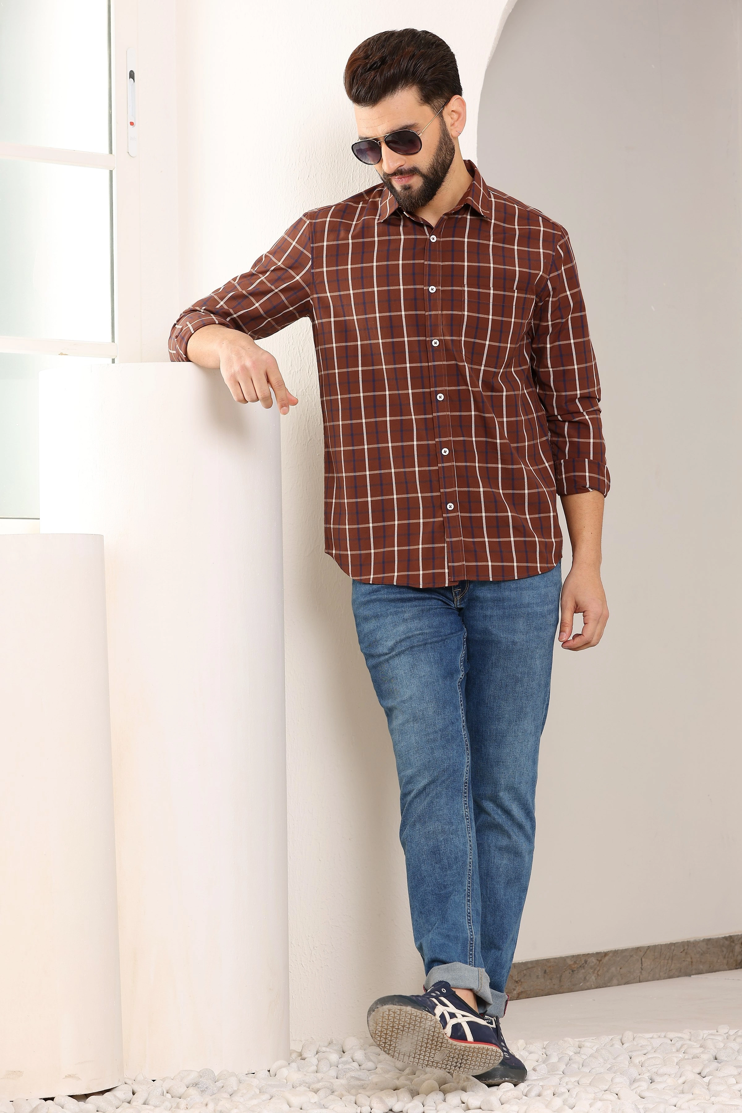 Brown Check Cotton Shirt-S-4