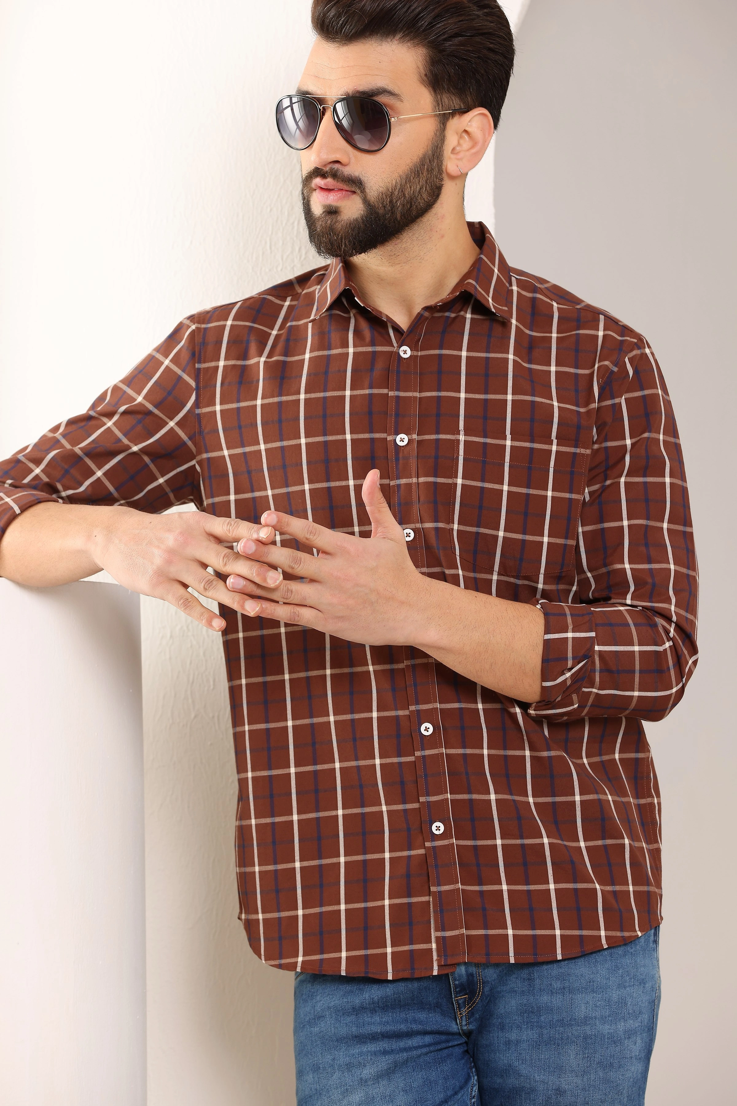 Brown Check Cotton Shirt-S-3