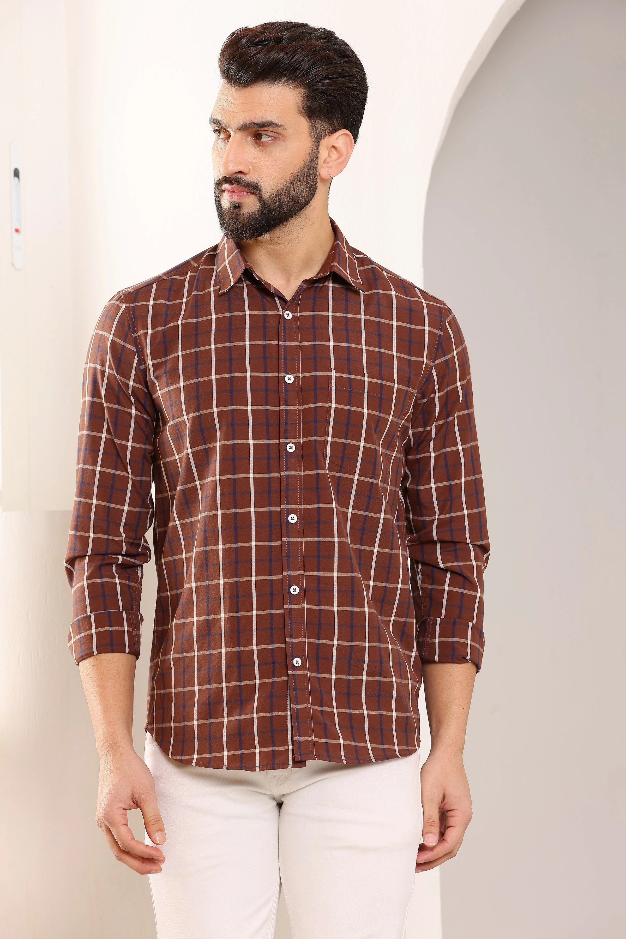 Brown Check Cotton Shirt-BE1126-S