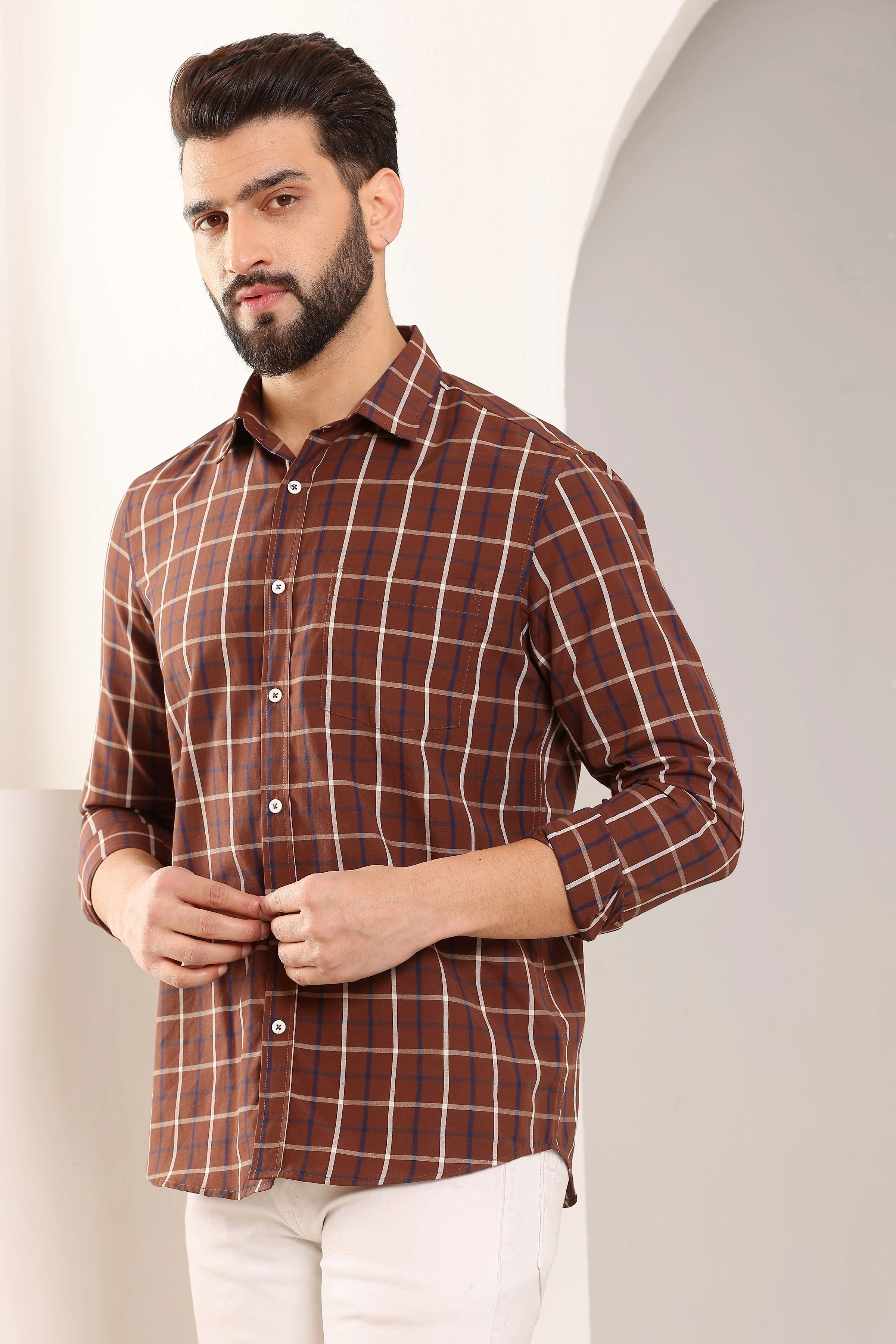 Brown Check Cotton Shirt-S-1