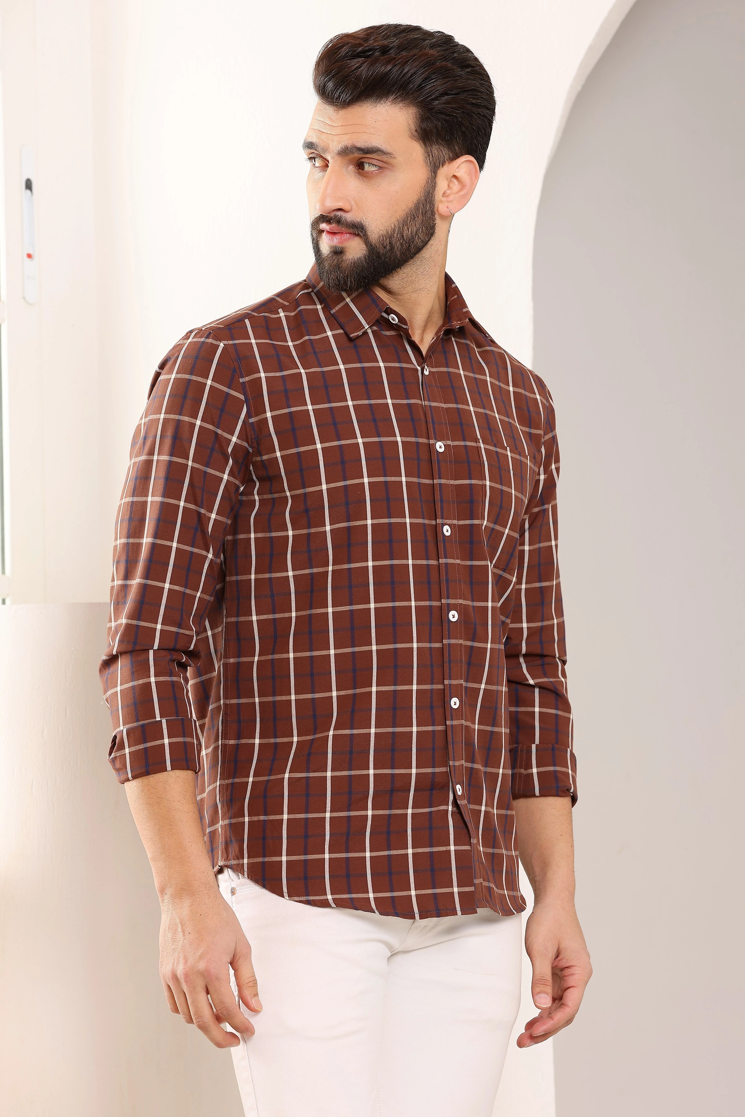 Brown Check Cotton Shirt-S-2