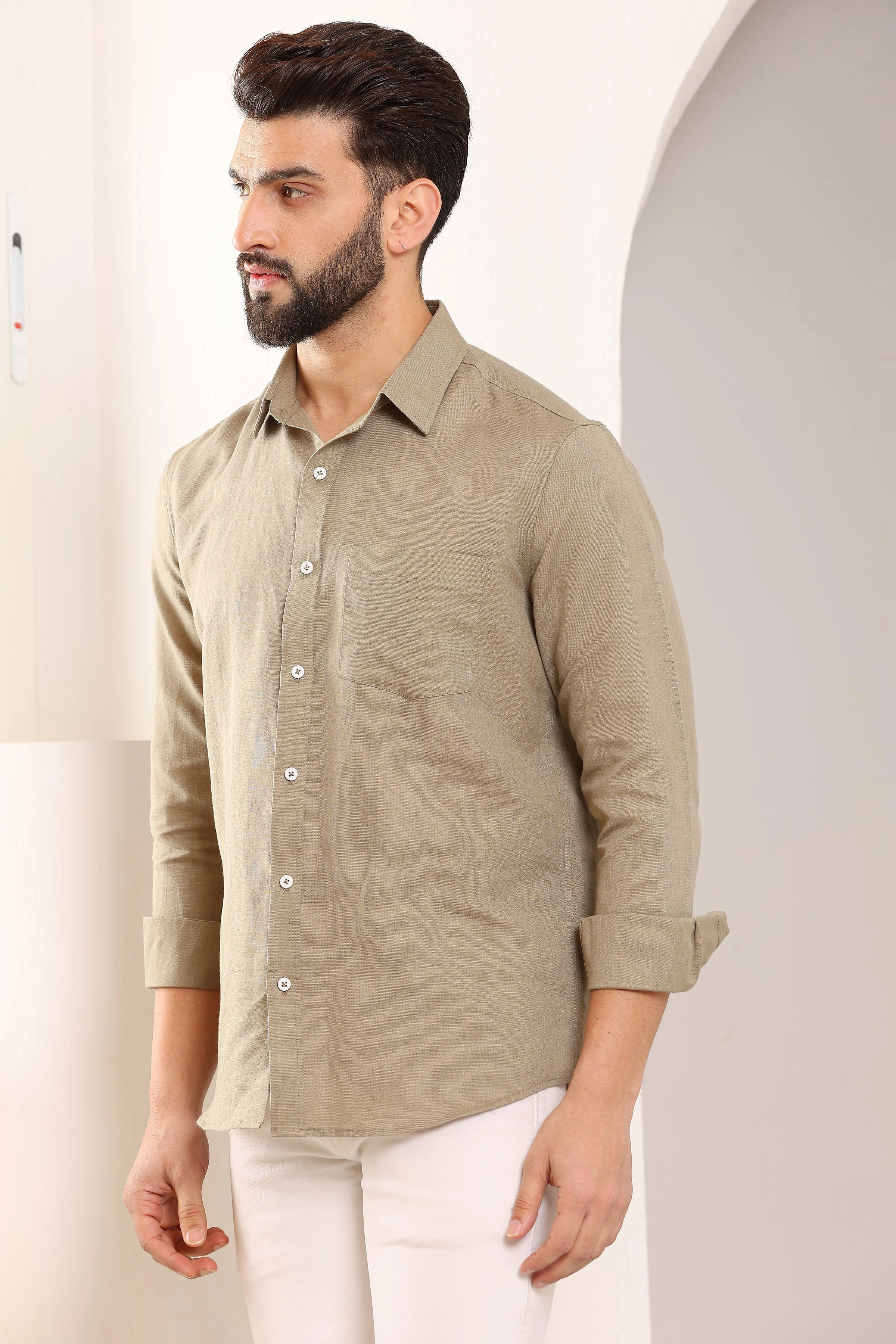 Khaki Pure Linen Shirt-S-1