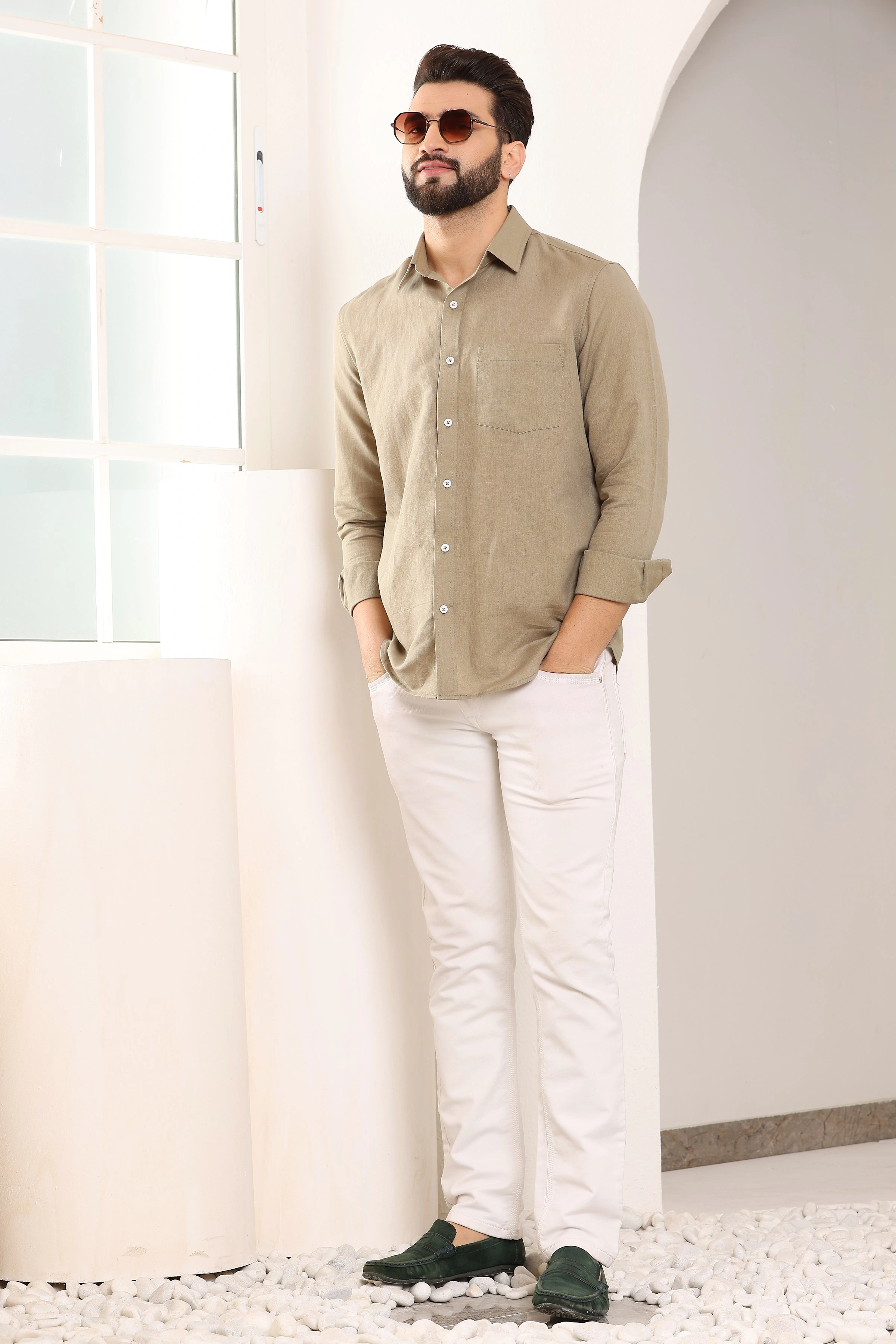 Khaki Pure Linen Shirt-S-2