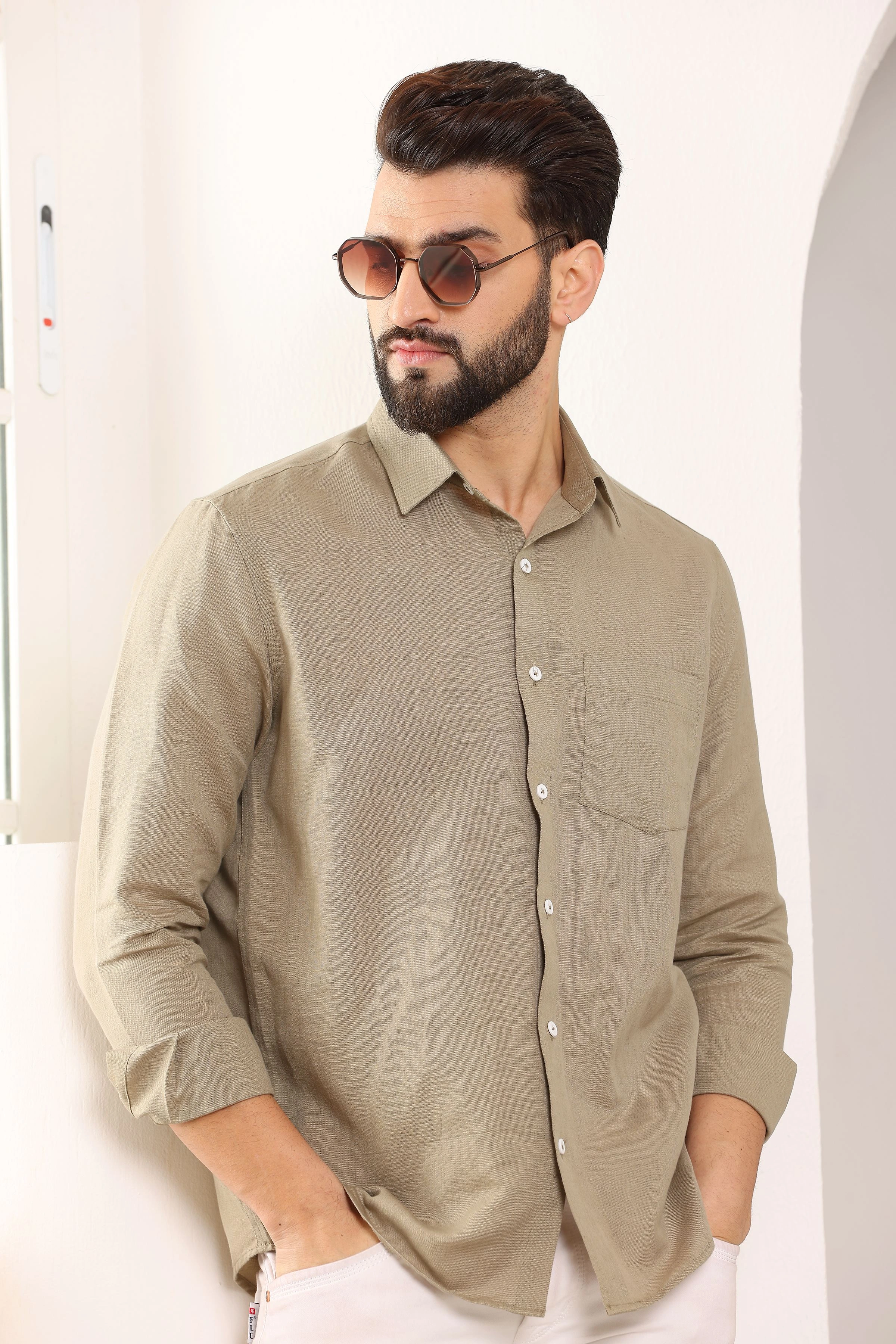 Khaki Pure Linen Shirt-S-3