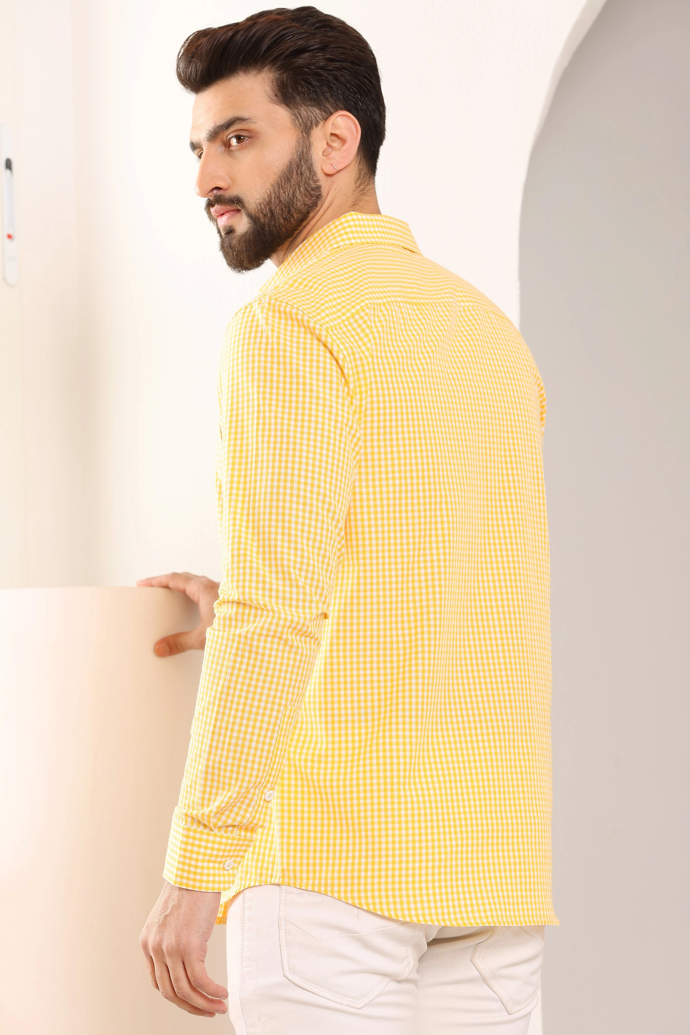 Gingham Sports Cotton Shirts Yellow And White-S-7