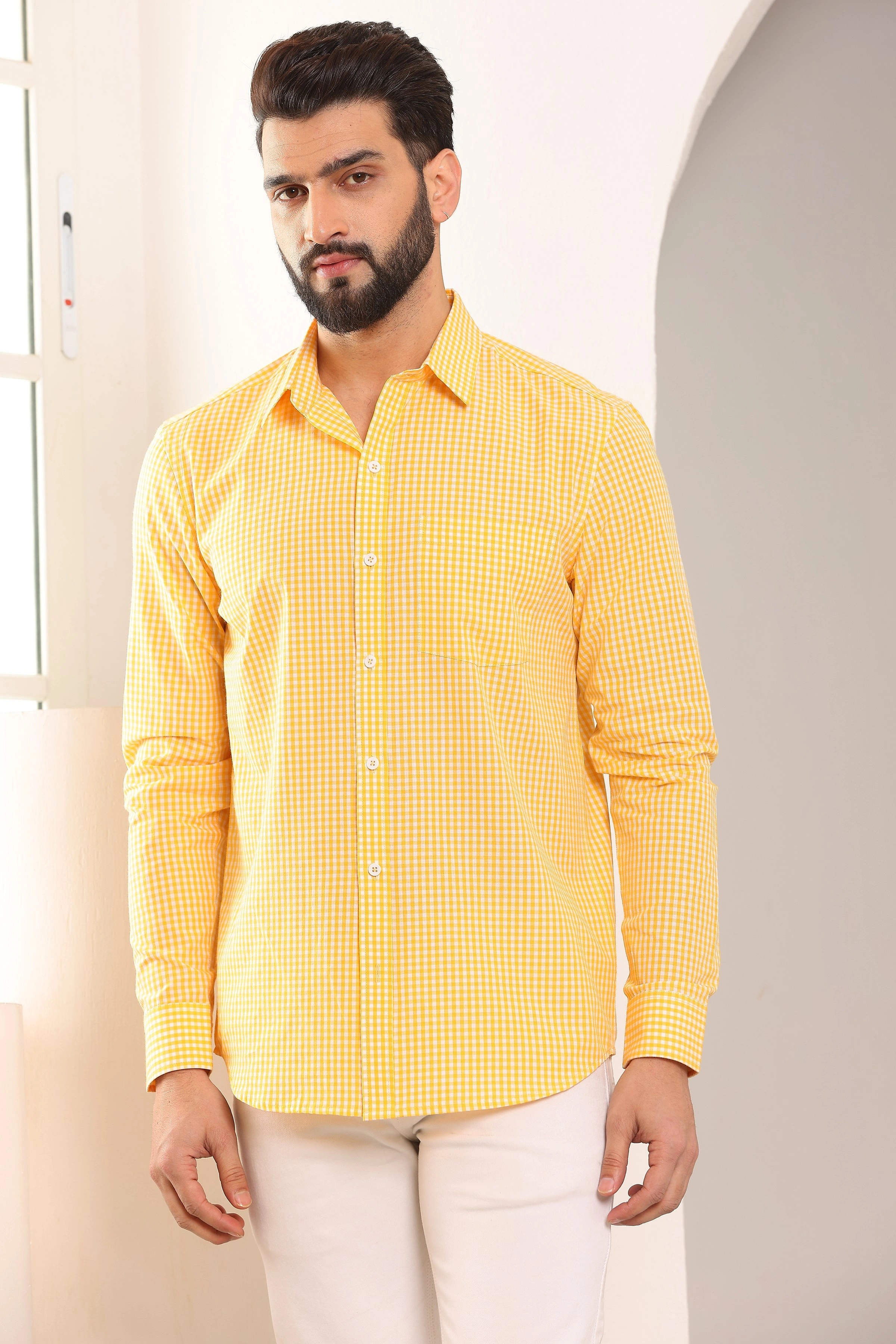 Gingham Sports Cotton Shirts Yellow And White-BE1130-S