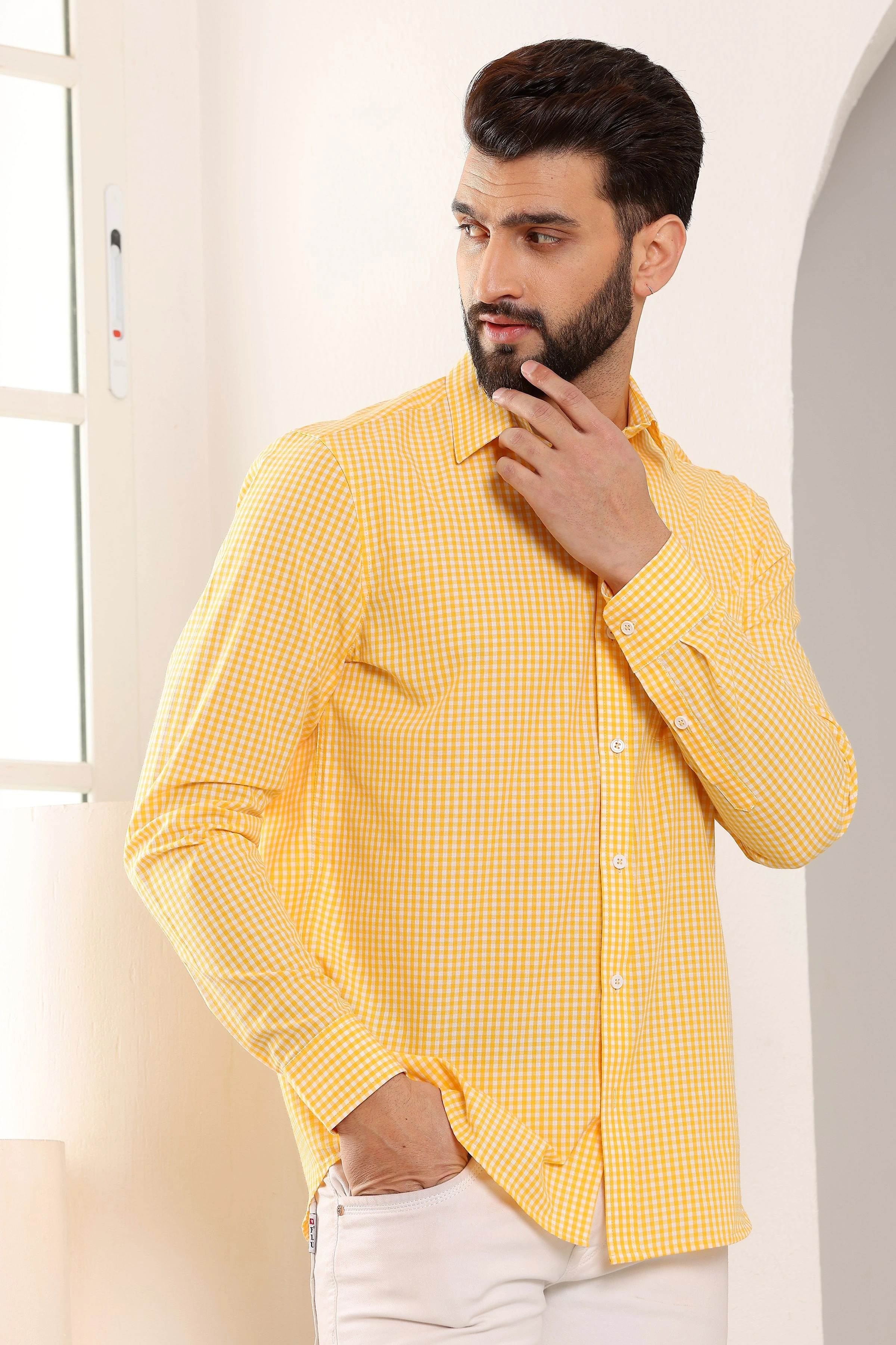 Gingham Sports Cotton Shirts Yellow And White-S-1