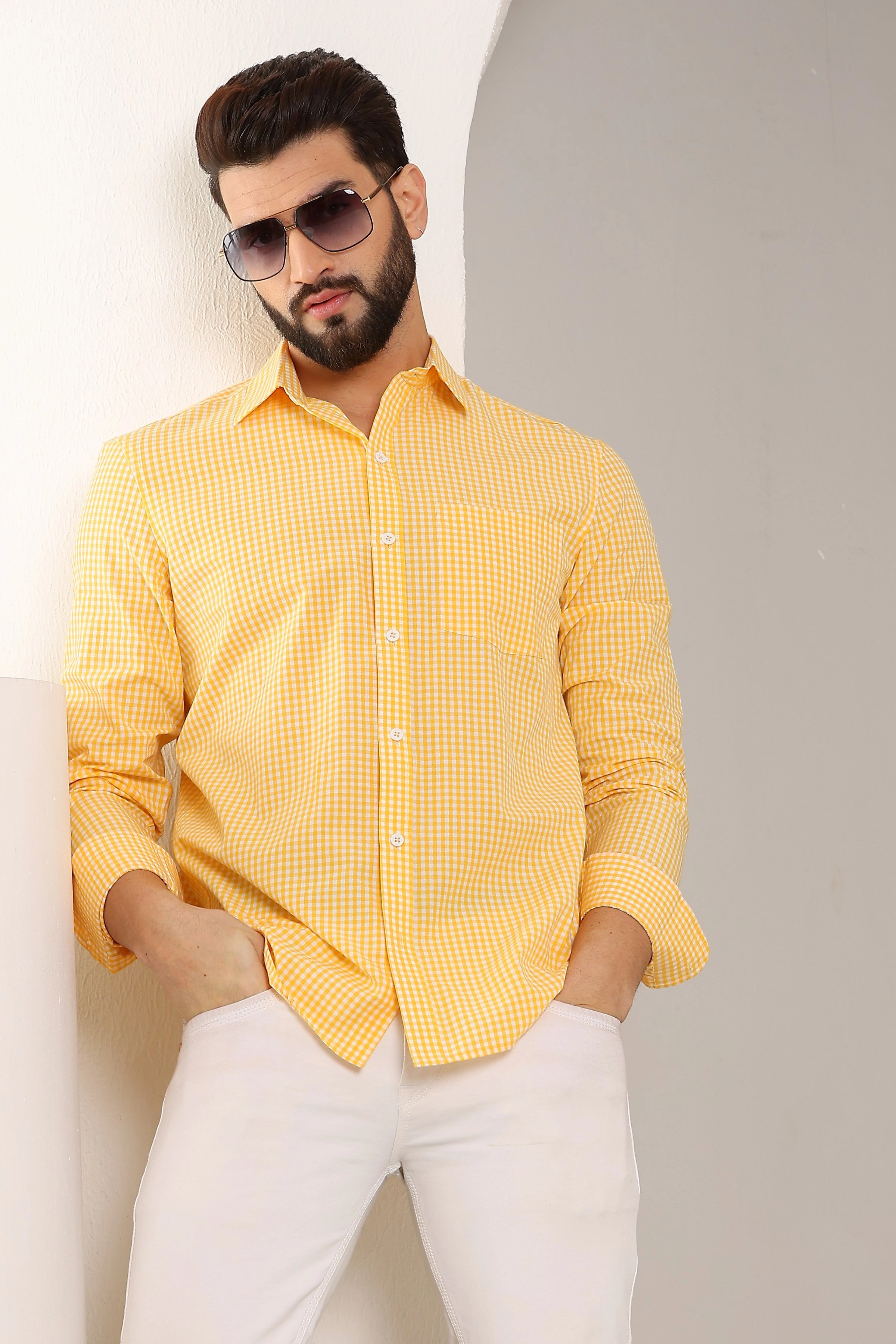 Gingham Sports Cotton Shirts Yellow And White-S-2