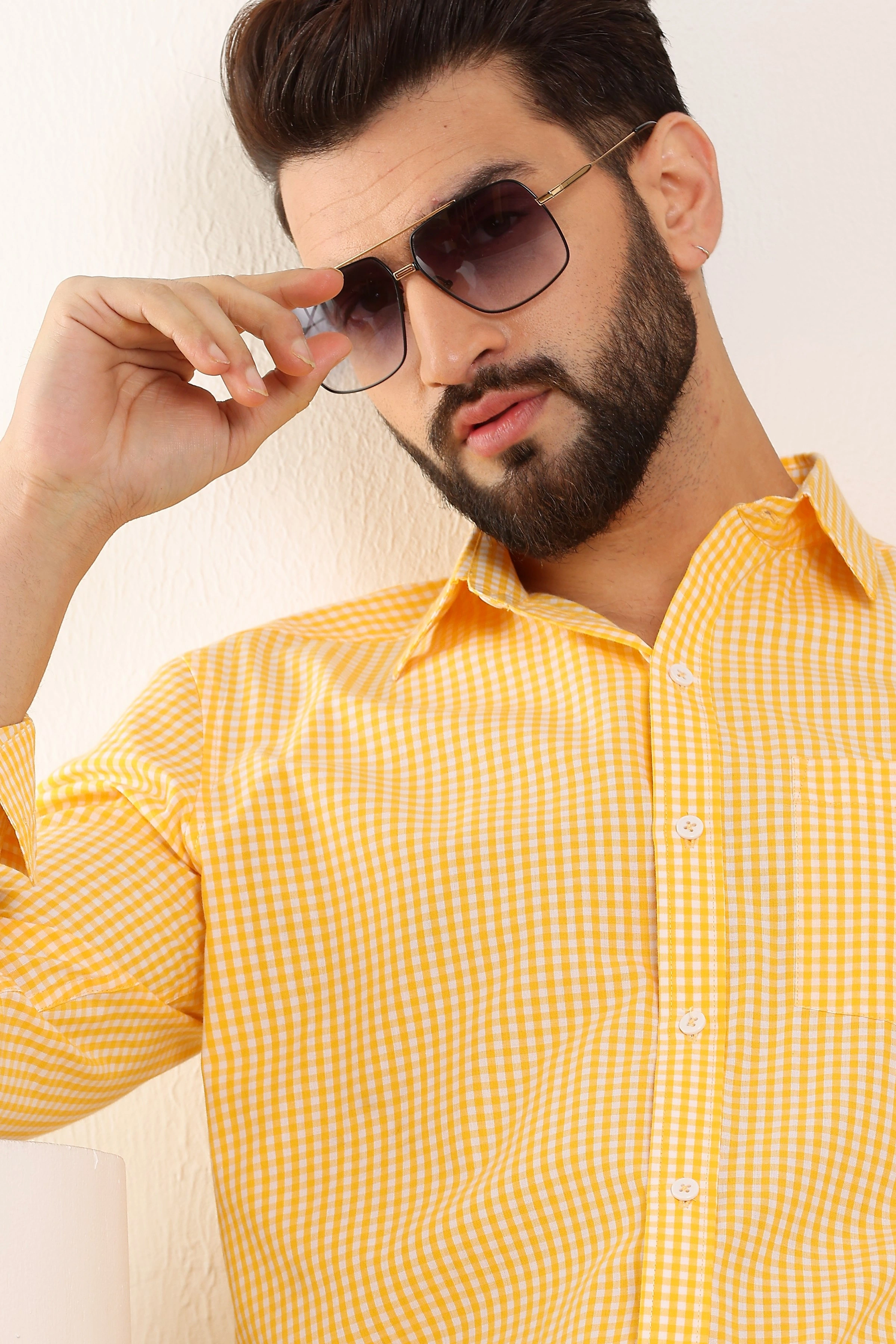 Gingham Sports Cotton Shirts Yellow And White-S-4