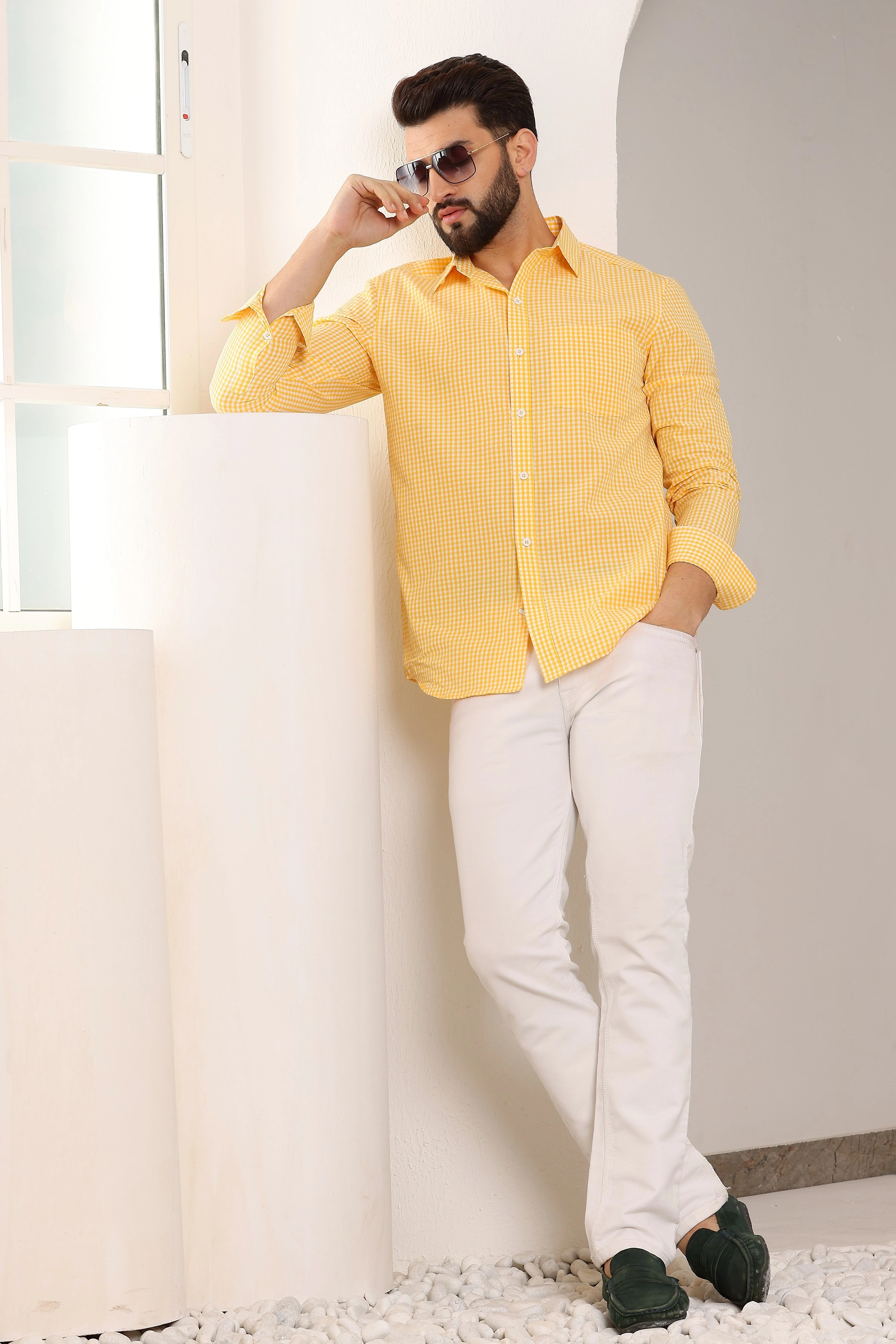 Gingham Sports Cotton Shirts Yellow And White-S-3