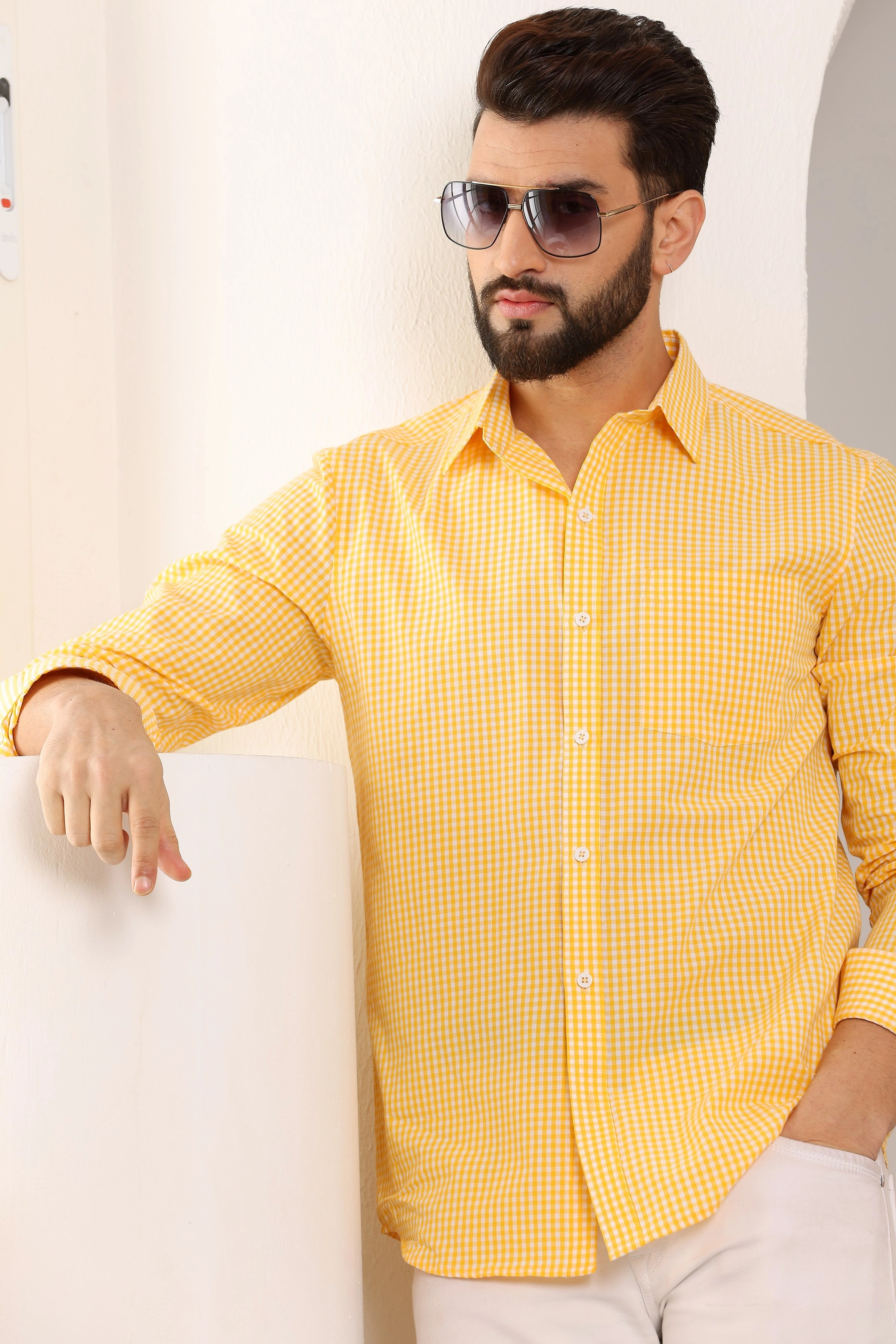 Gingham Sports Cotton Shirts Yellow And White-S-5