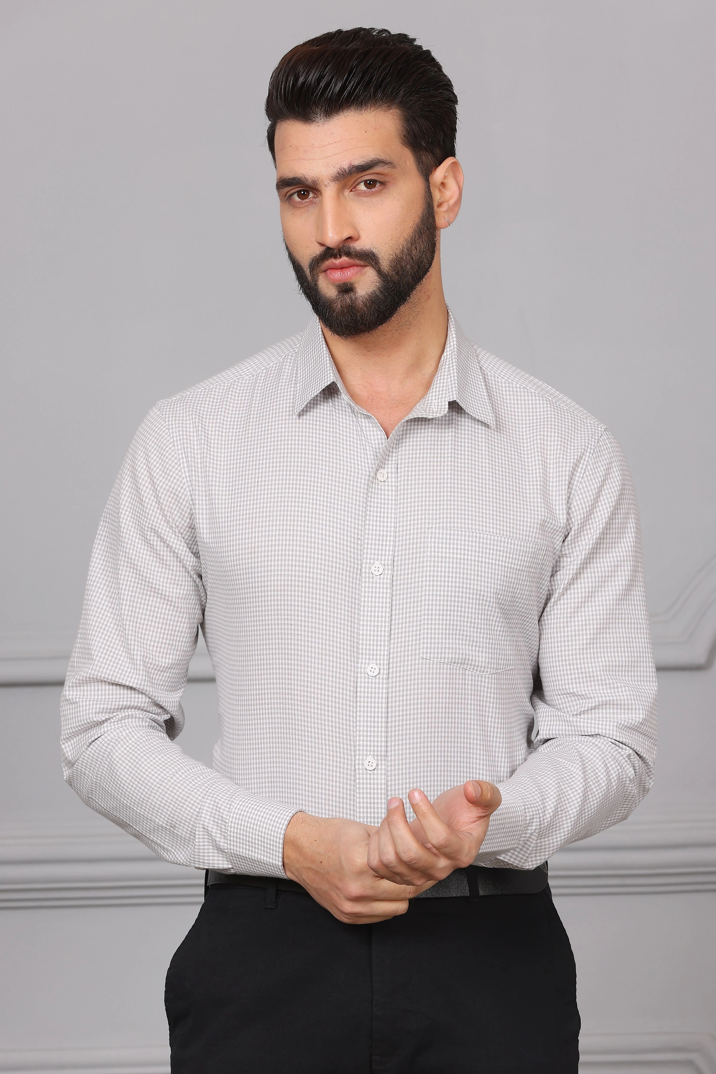 Grey Check Business Formal Cotton Shirt-S-4