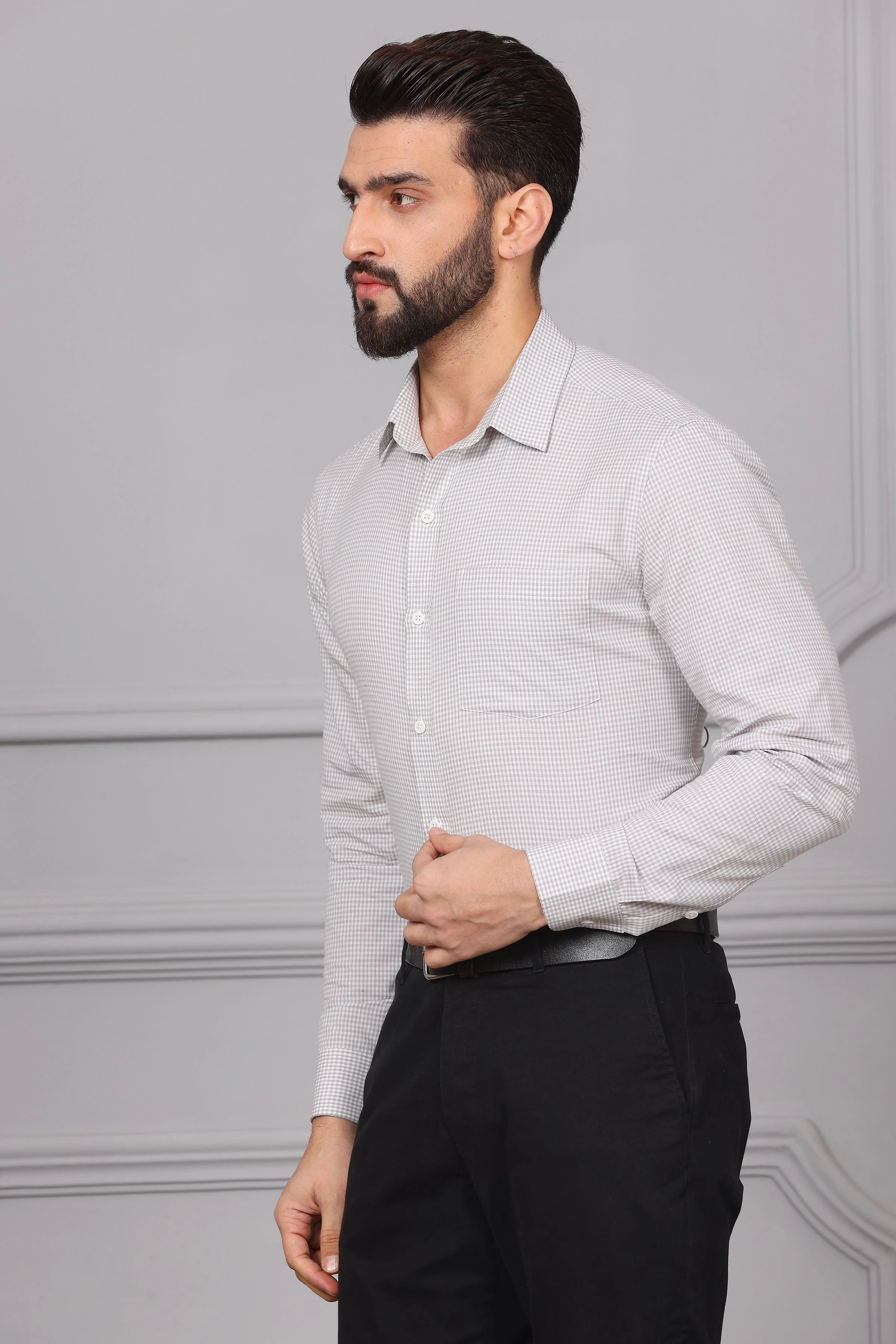 Grey Check Business Formal Cotton Shirt-S-3