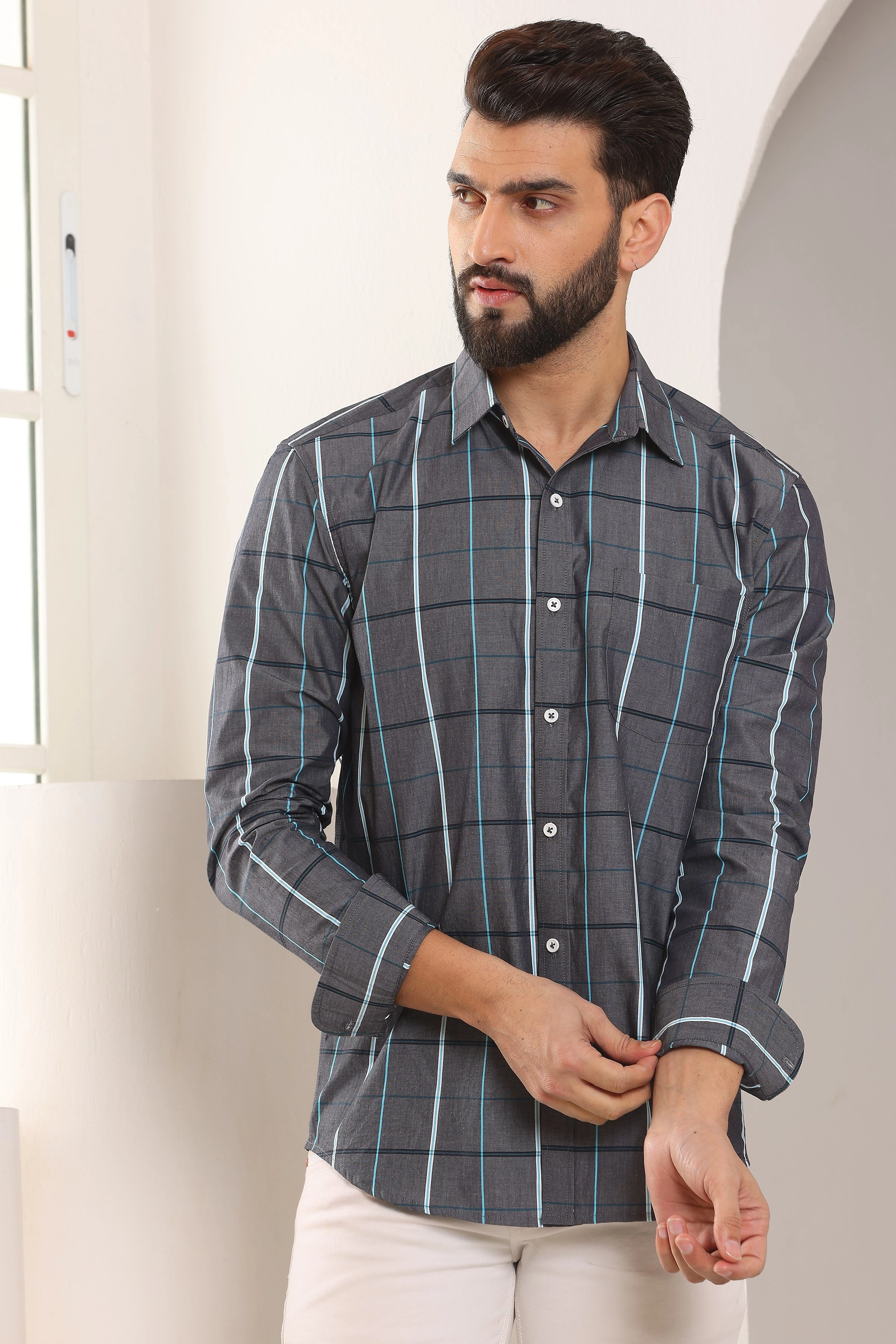 Madras Check Cotton Shirt Grey-BE1131-S