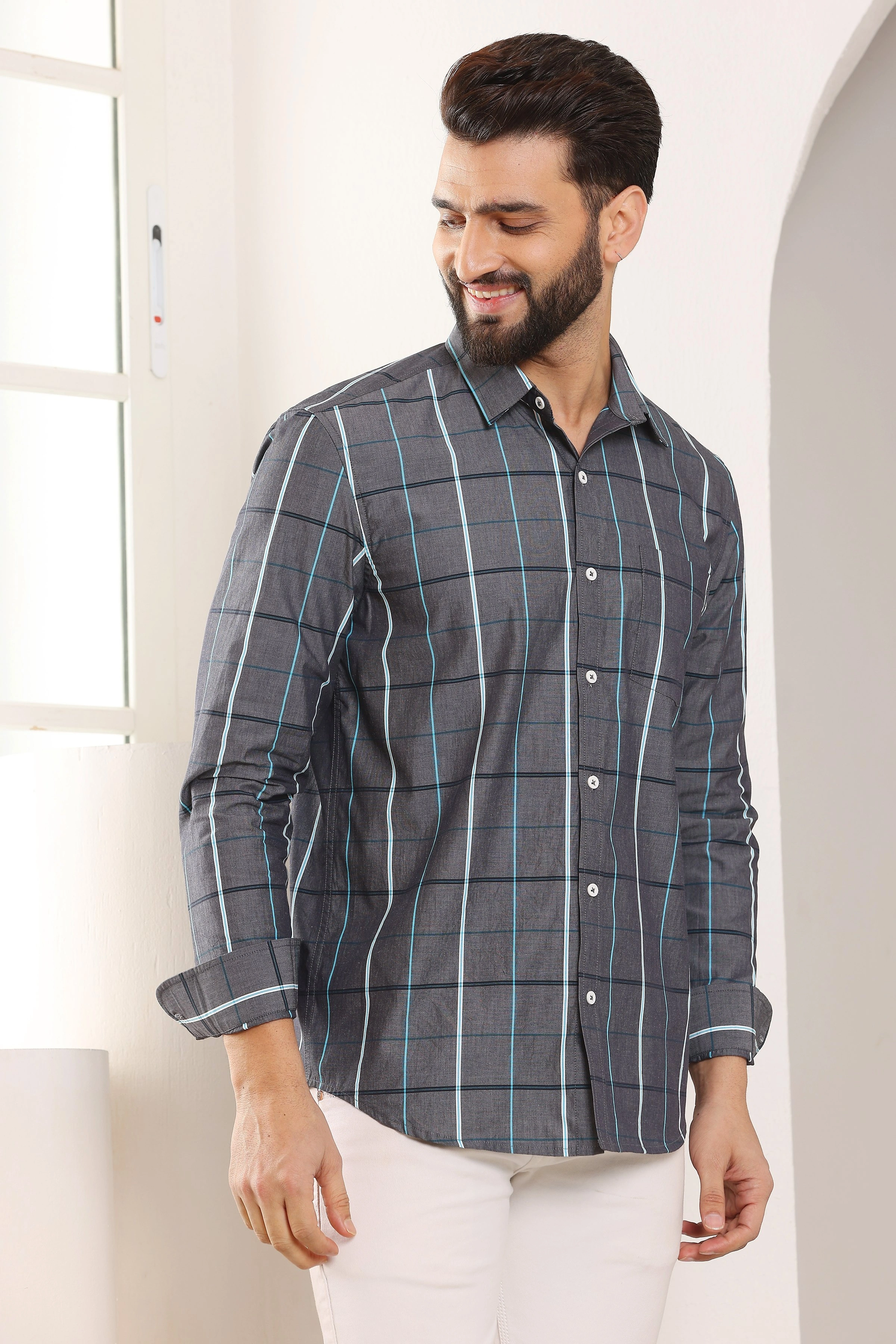 Madras Check Cotton Shirt Grey-S-1