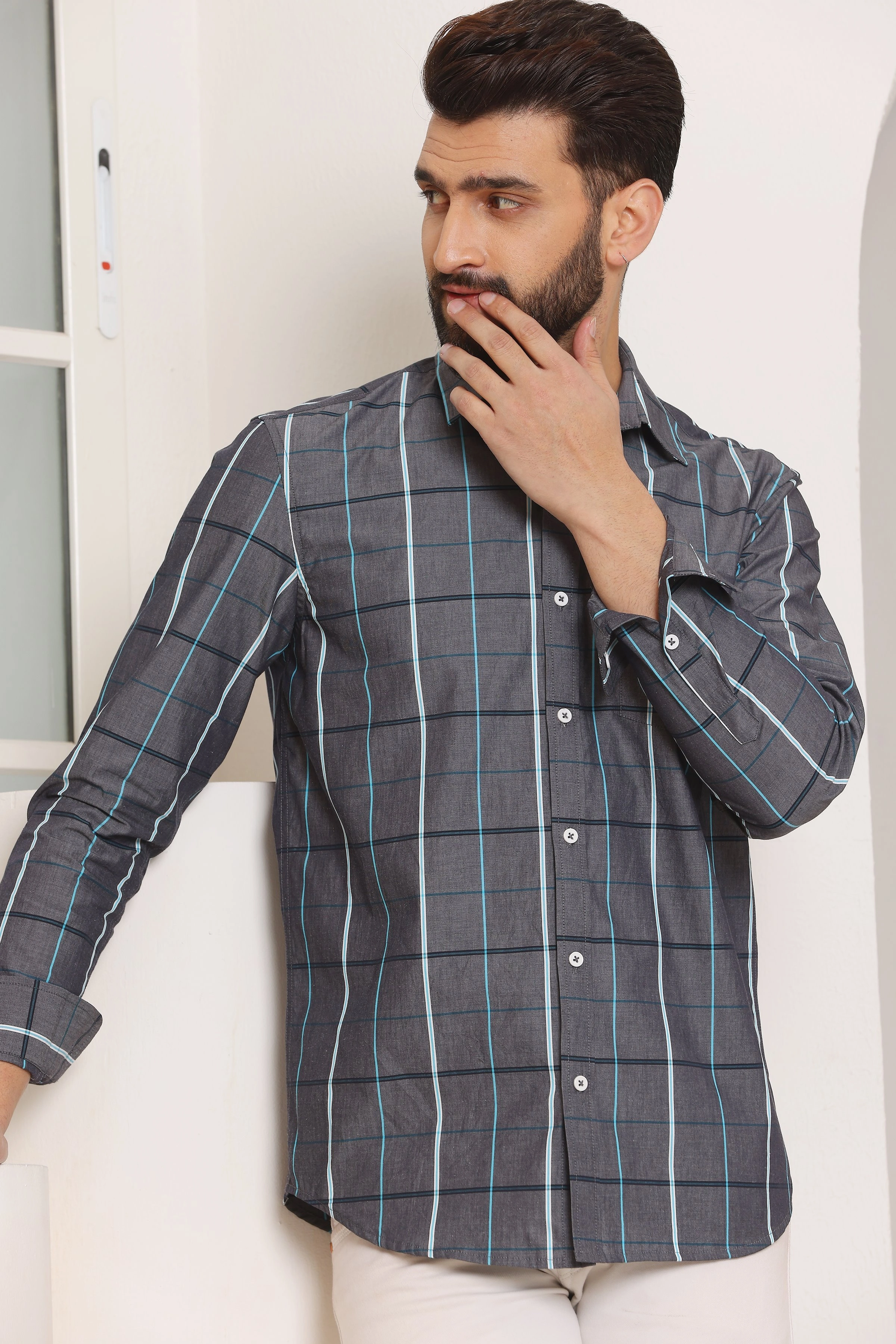 Madras Check Cotton Shirt Grey-S-3