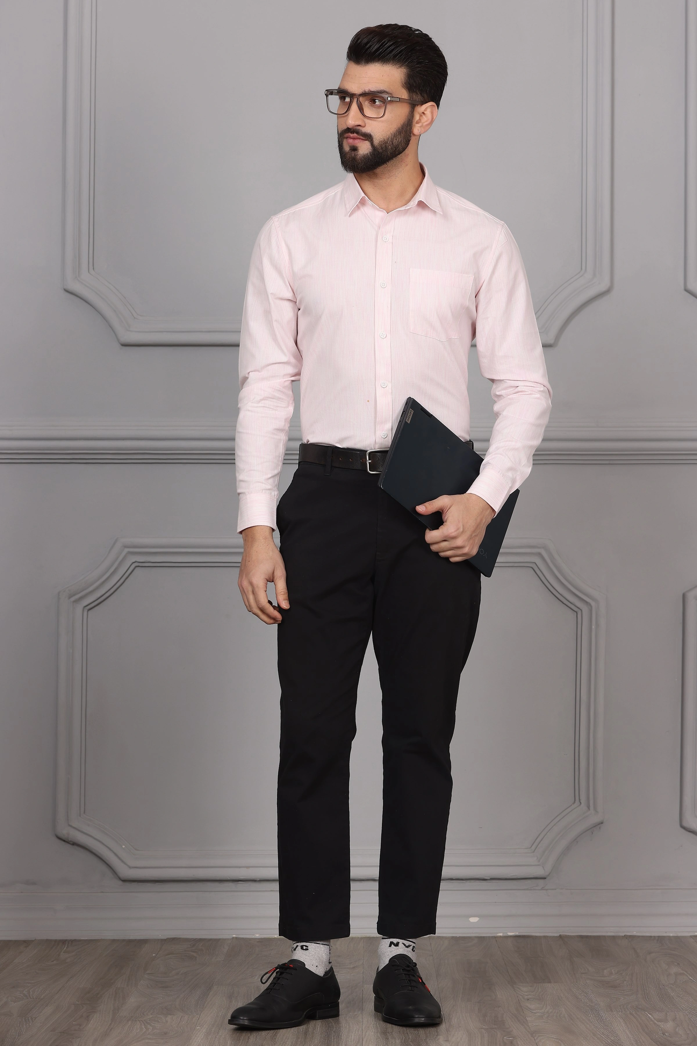 Textured Pink White Business Formal Cotton Shirt-S-3