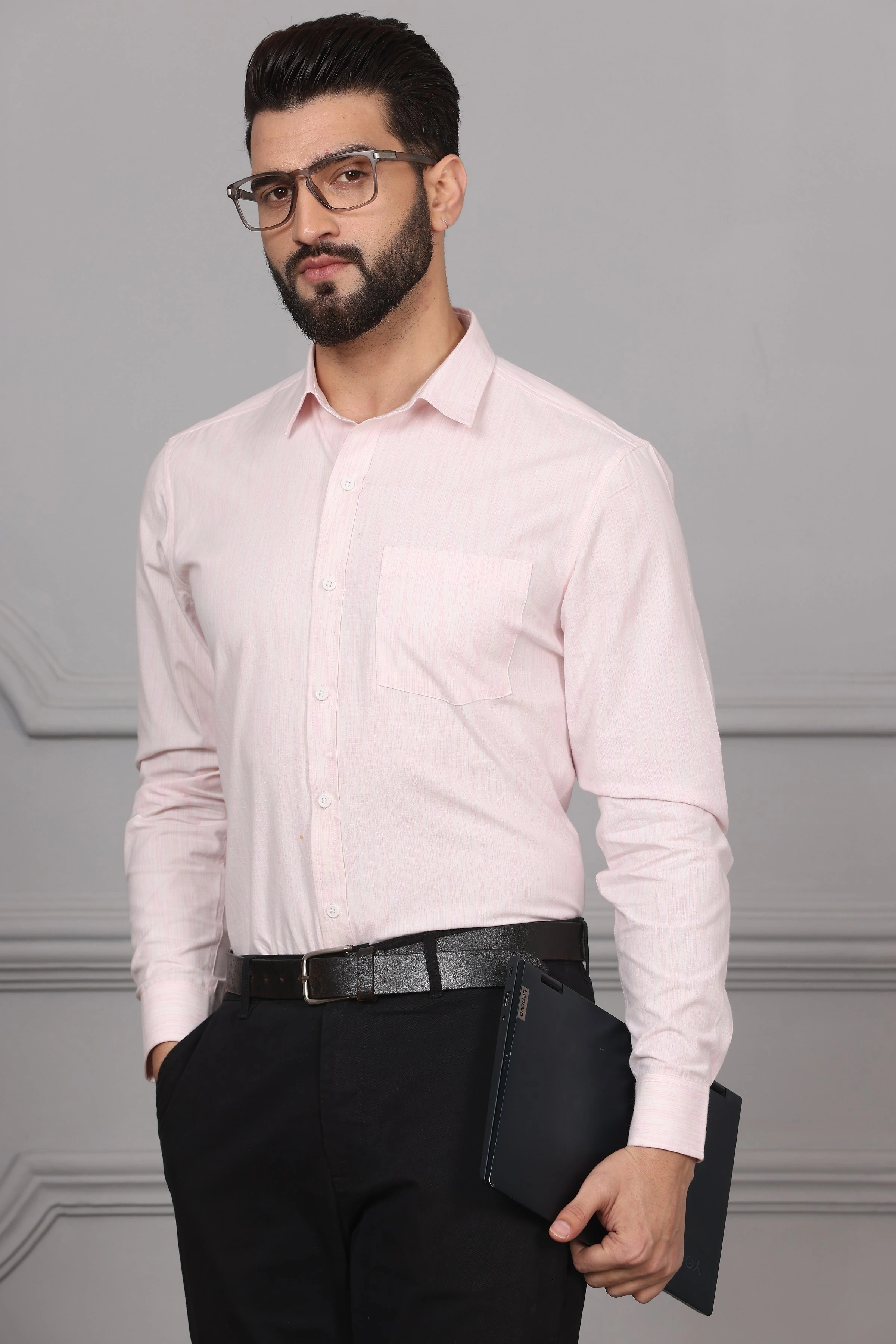 Textured Pink White Business Formal Cotton Shirt-S-4