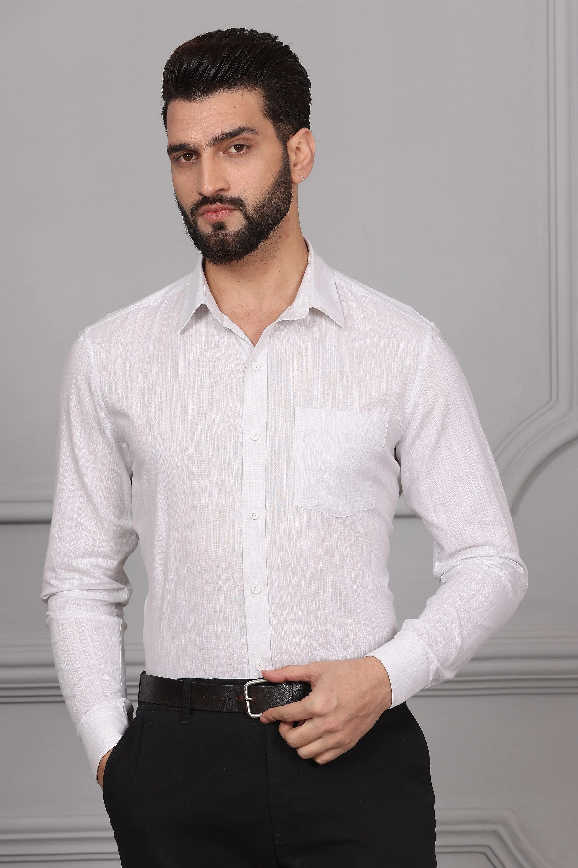 Textured White Grey Business Formal Cotton Shirt-BE1138-S