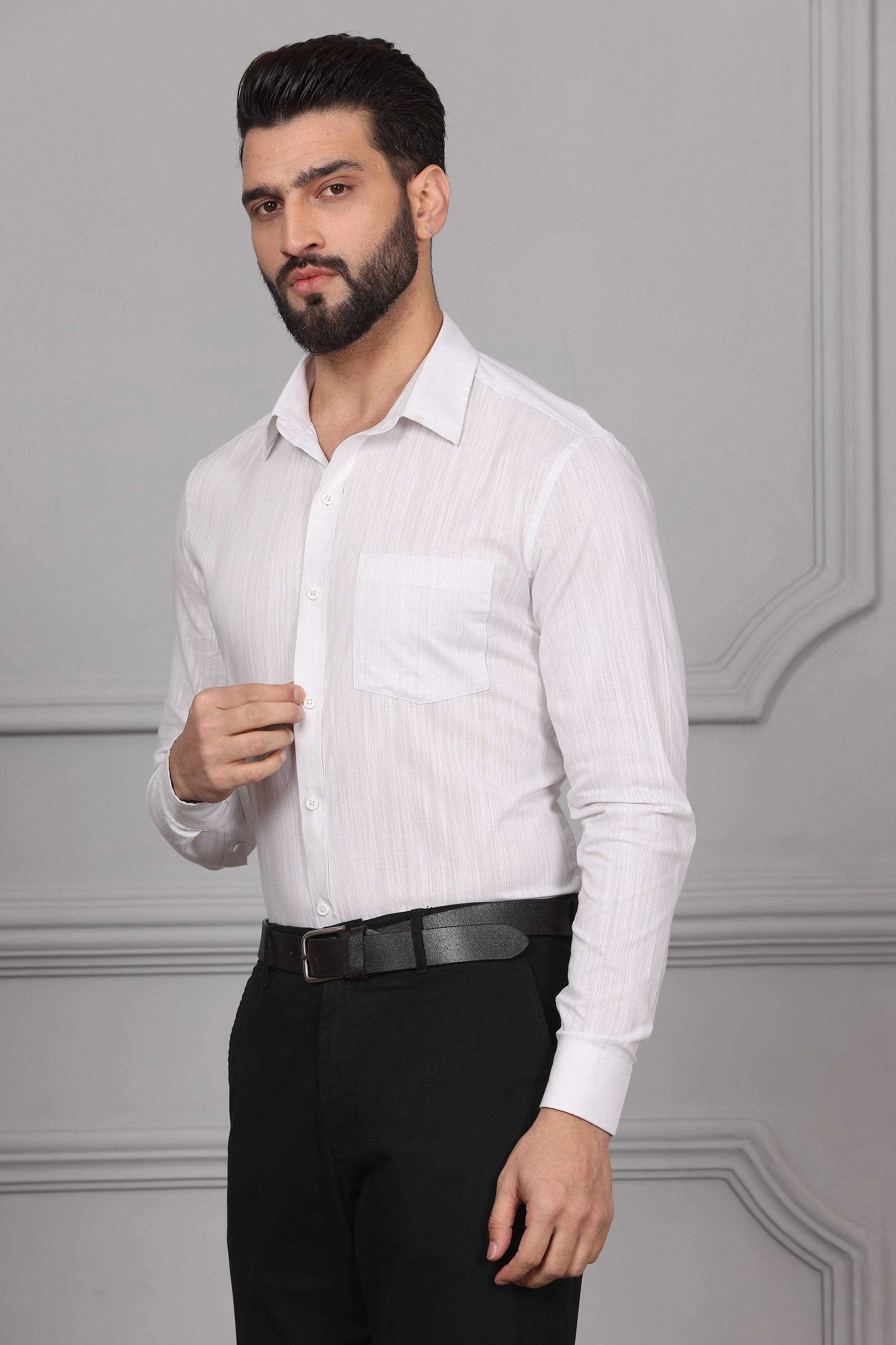 Textured White Grey Business Formal Cotton Shirt-S-1