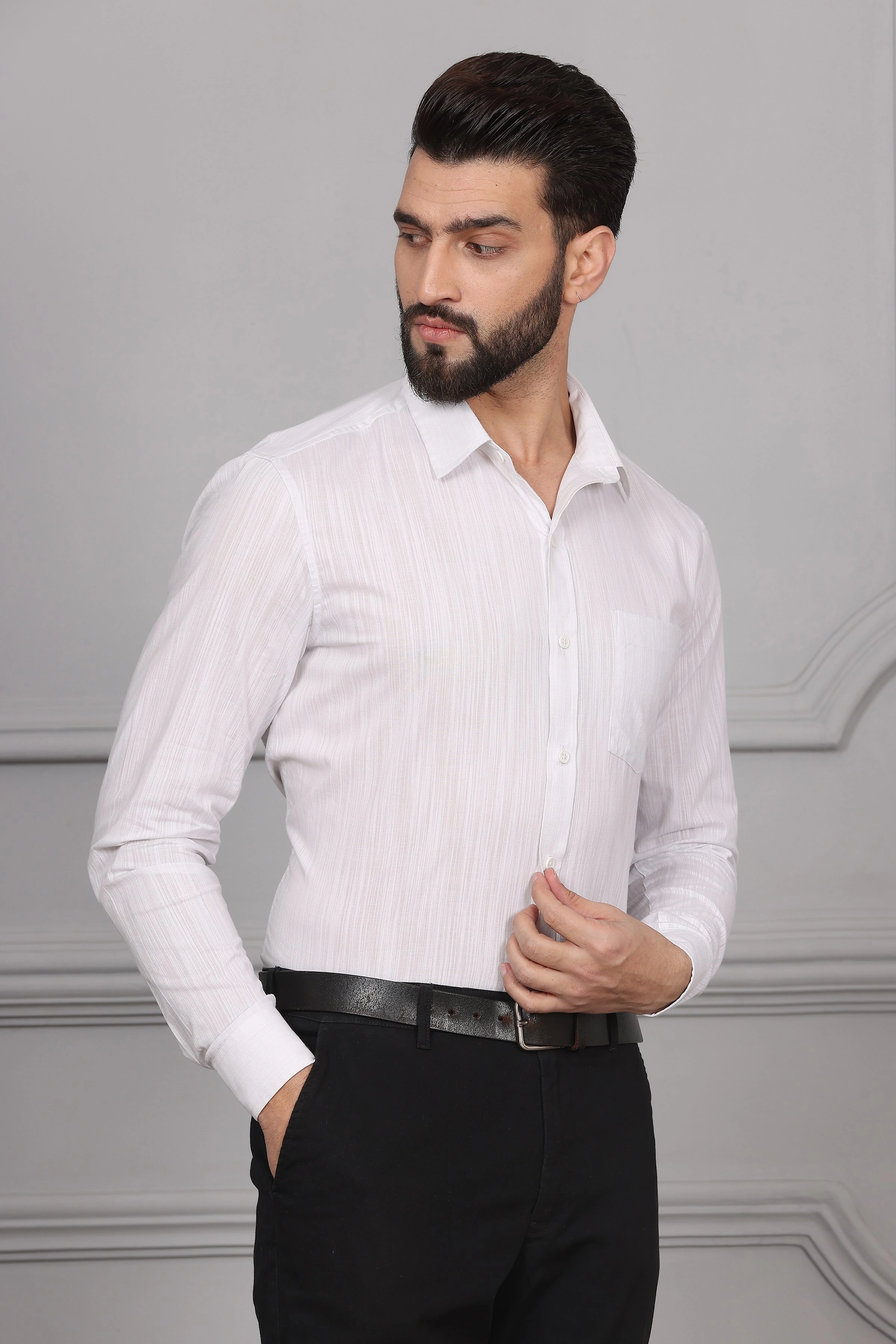 Textured White Grey Business Formal Cotton Shirt-S-2