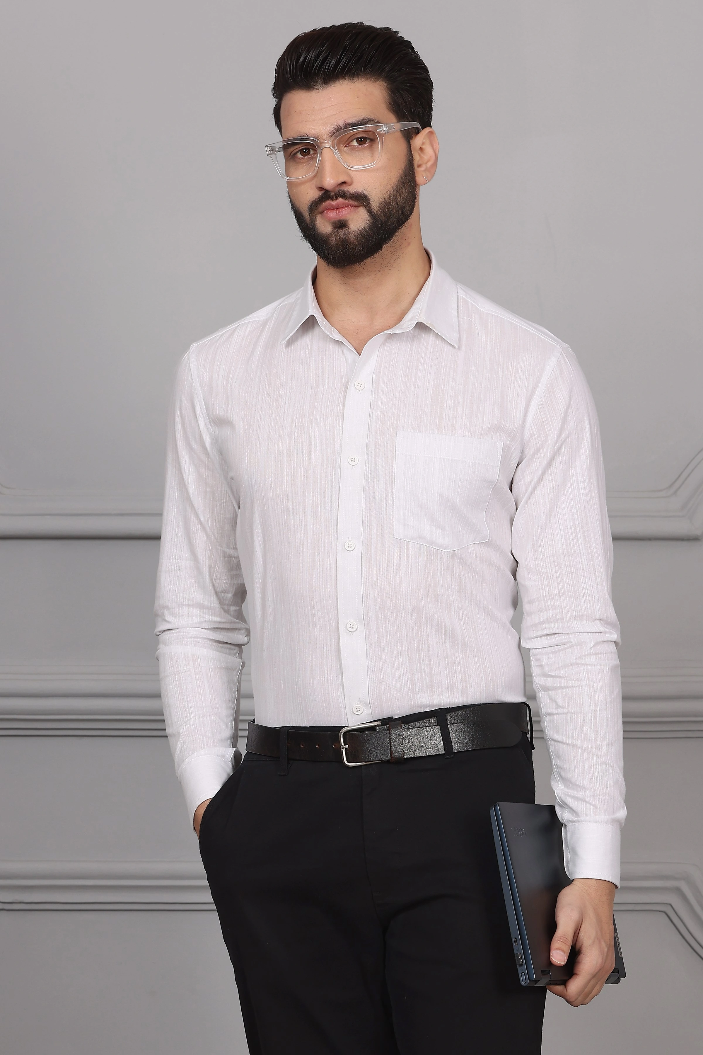 Textured White Grey Business Formal Cotton Shirt-S-3