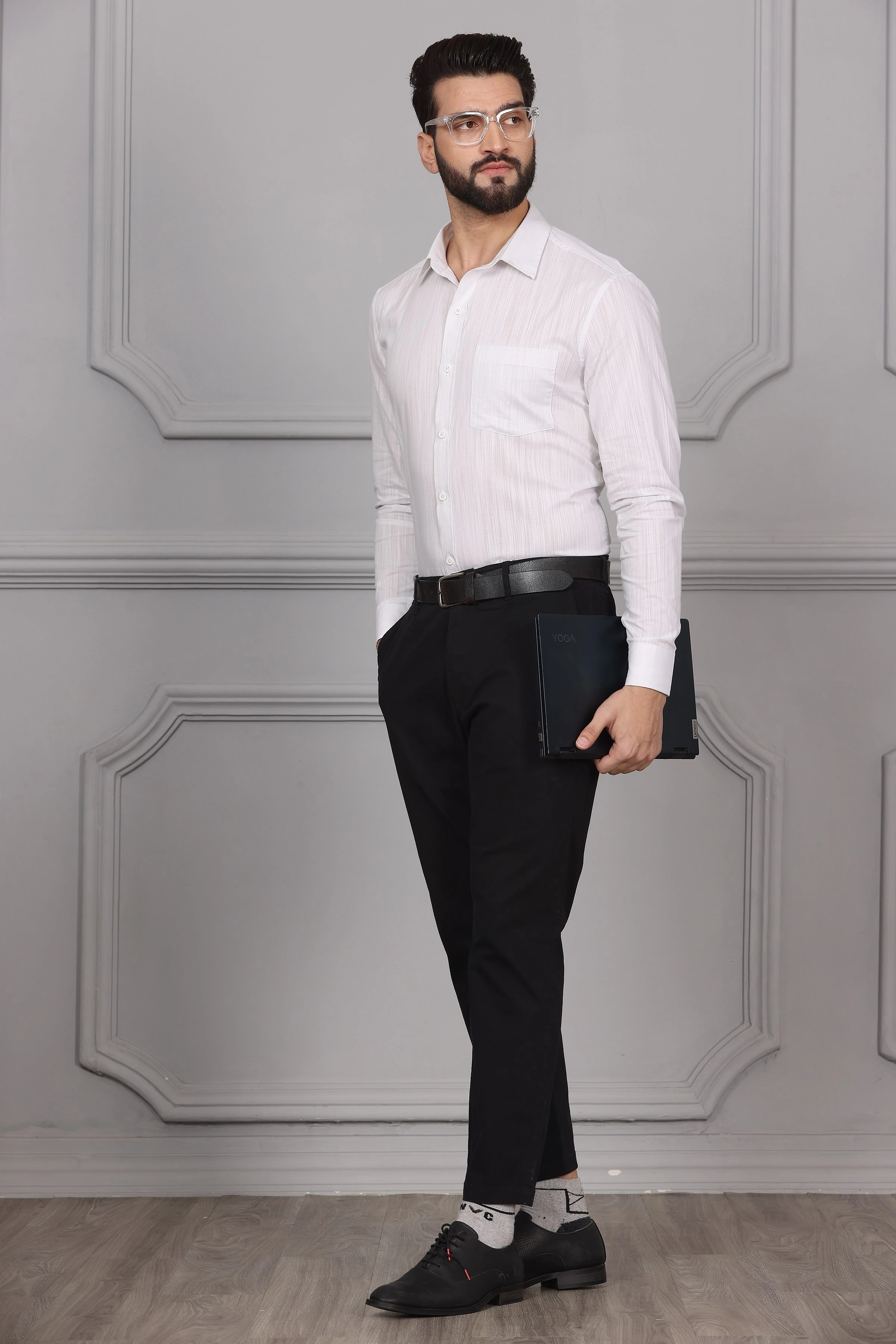 Textured White Grey Business Formal Cotton Shirt-S-4