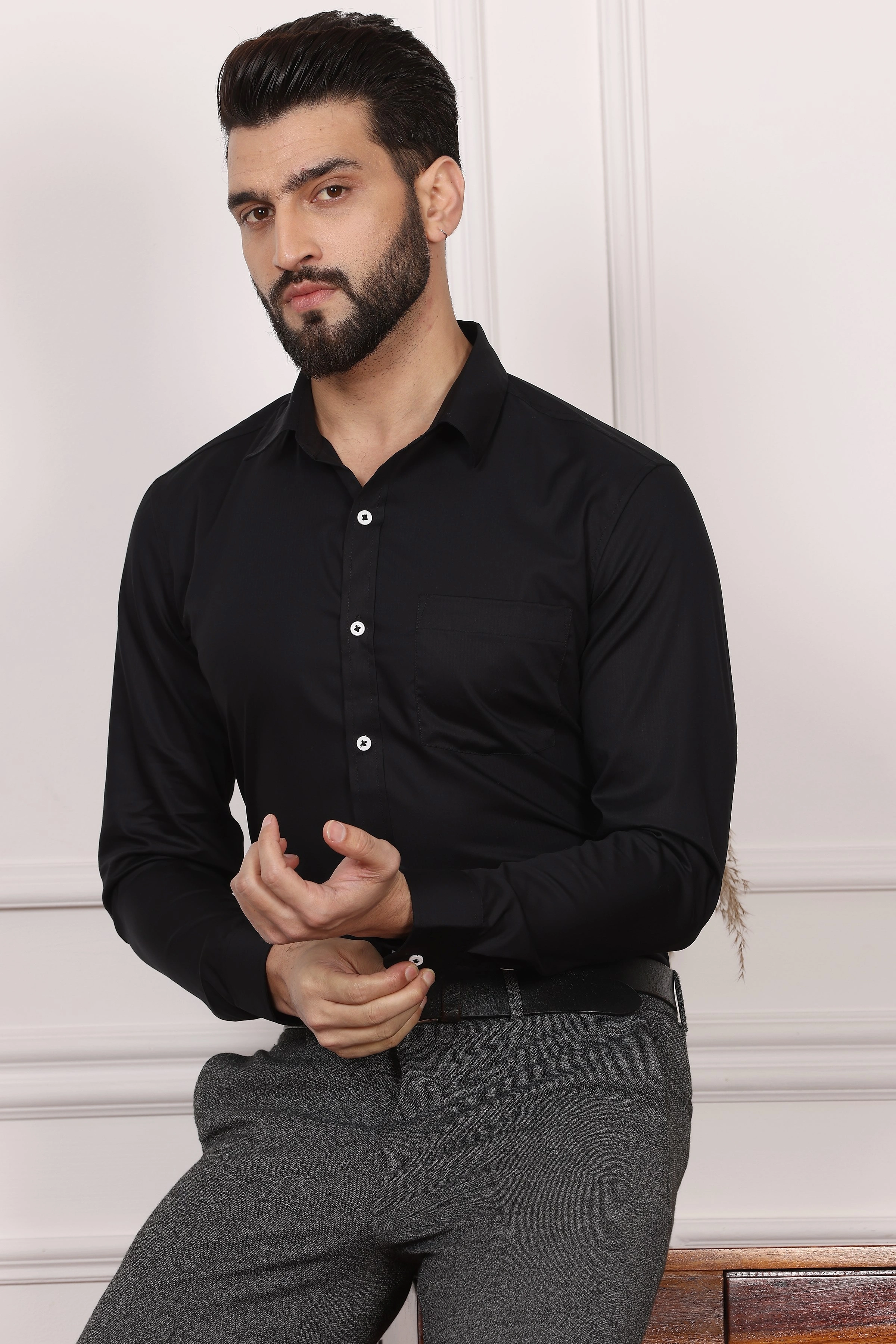 Black Formal Cotton Shirt-S-3