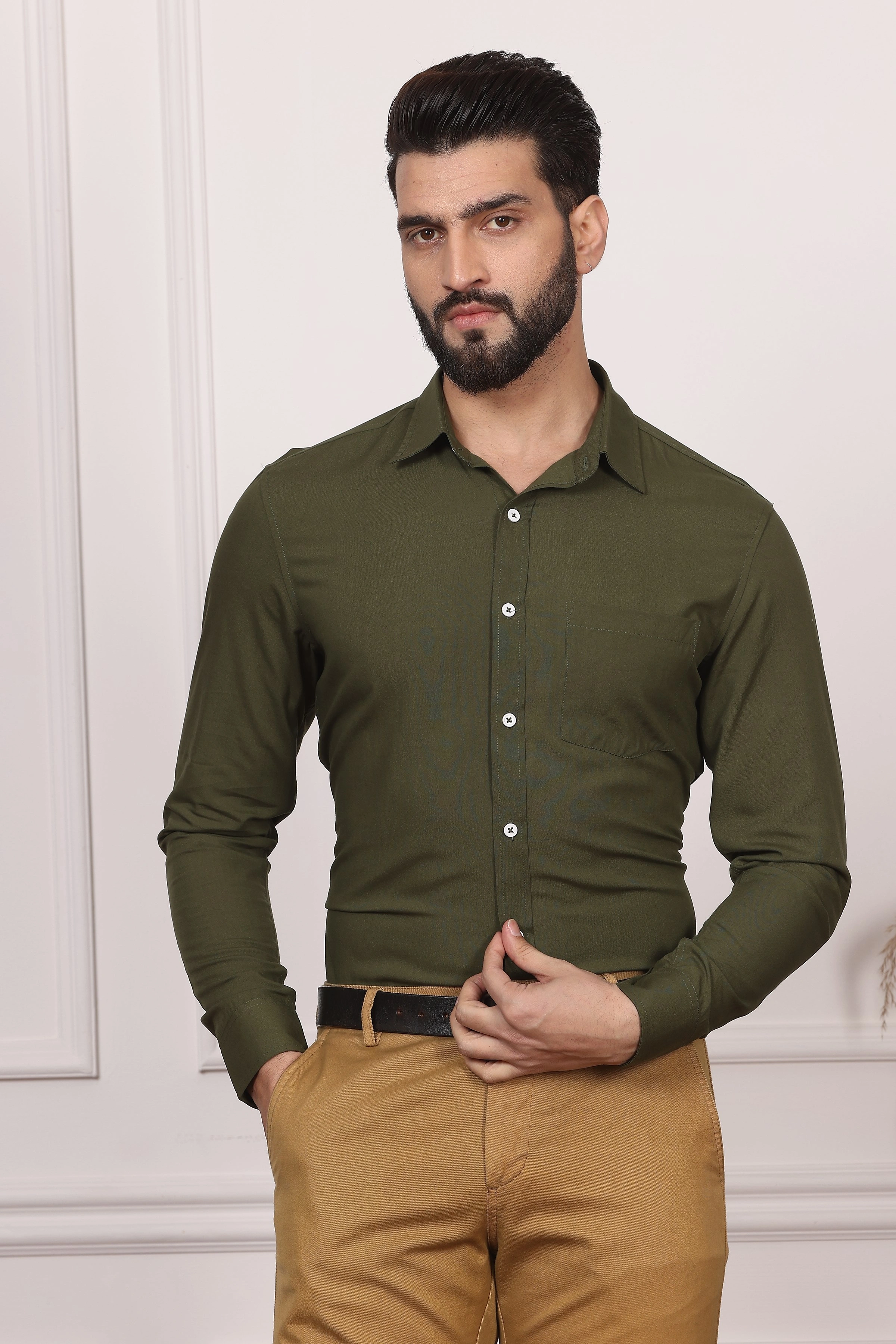 Olive Green Formal Cotton Shirt-BE1150-S