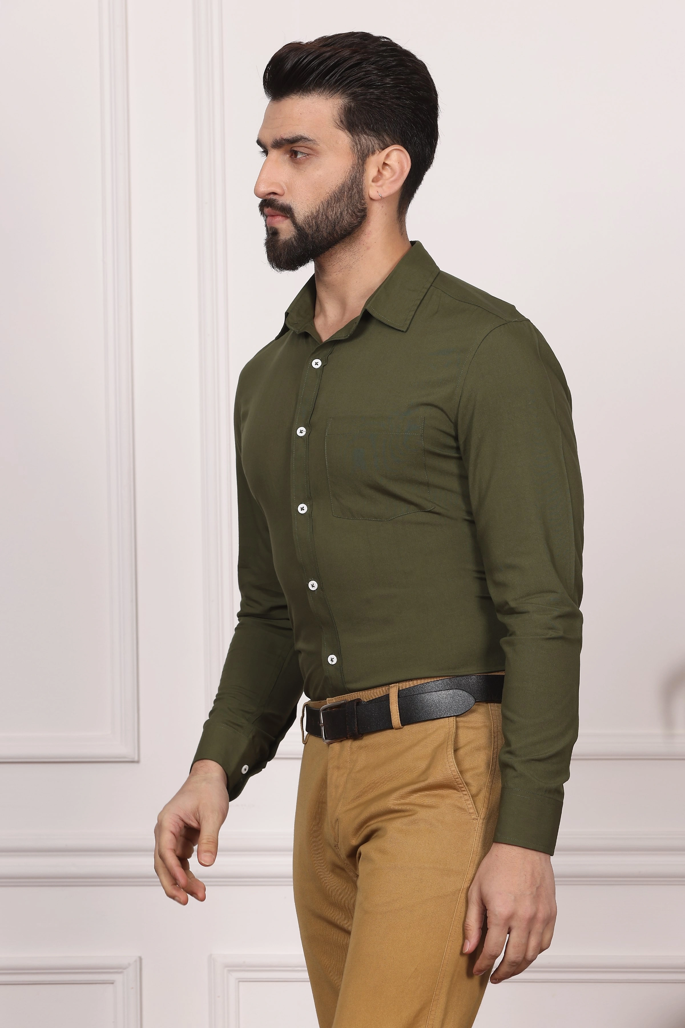 Olive Green Formal Cotton Shirt-S-2