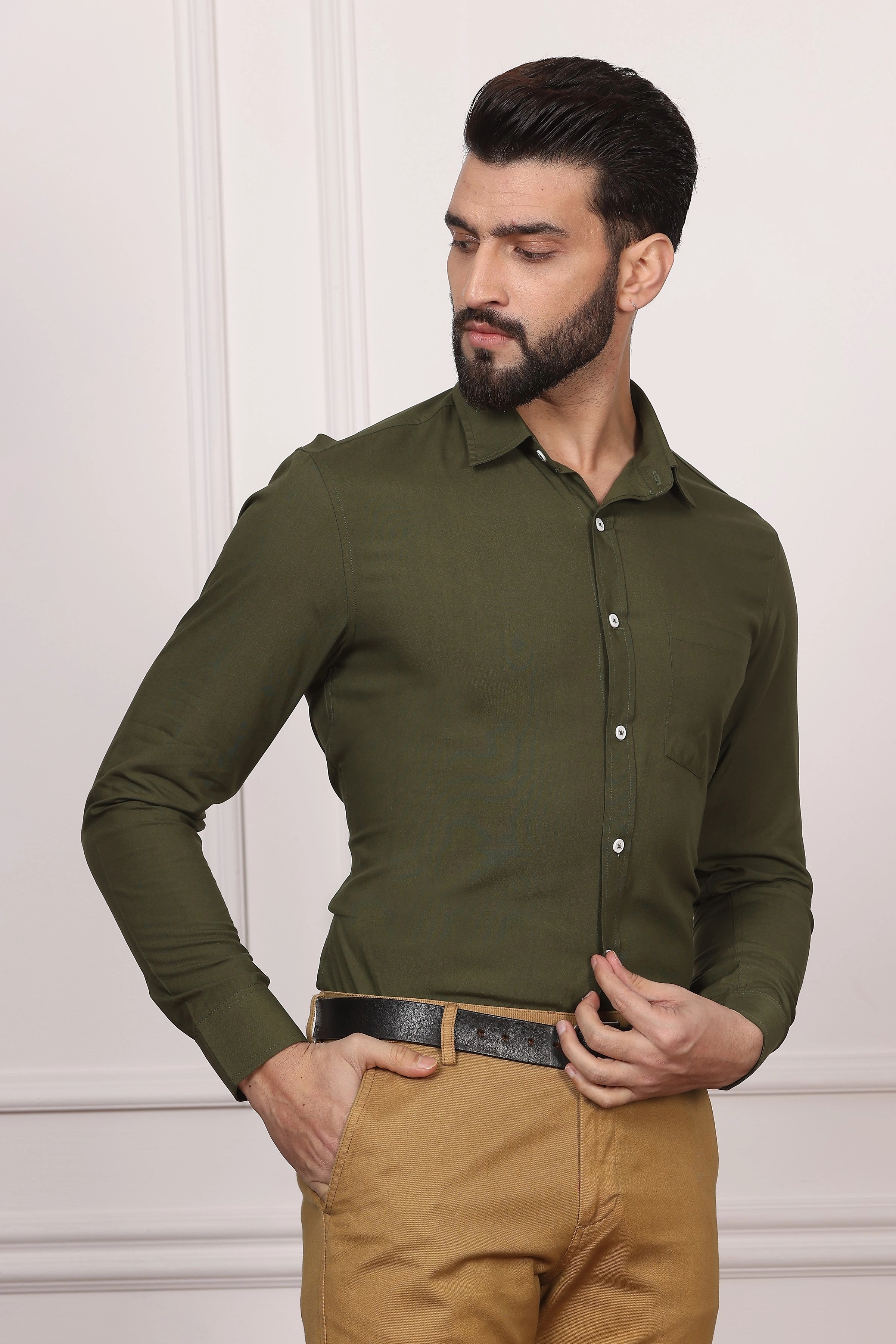 Olive Green Formal Cotton Shirt-S-1