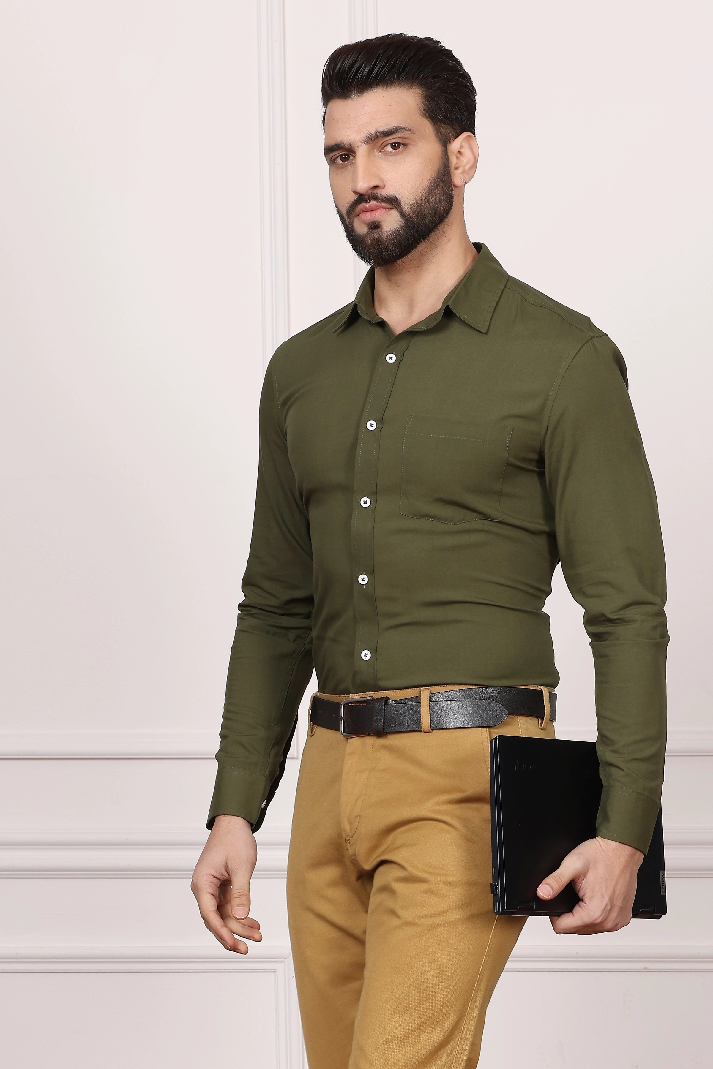 Olive Green Formal Cotton Shirt-S-3