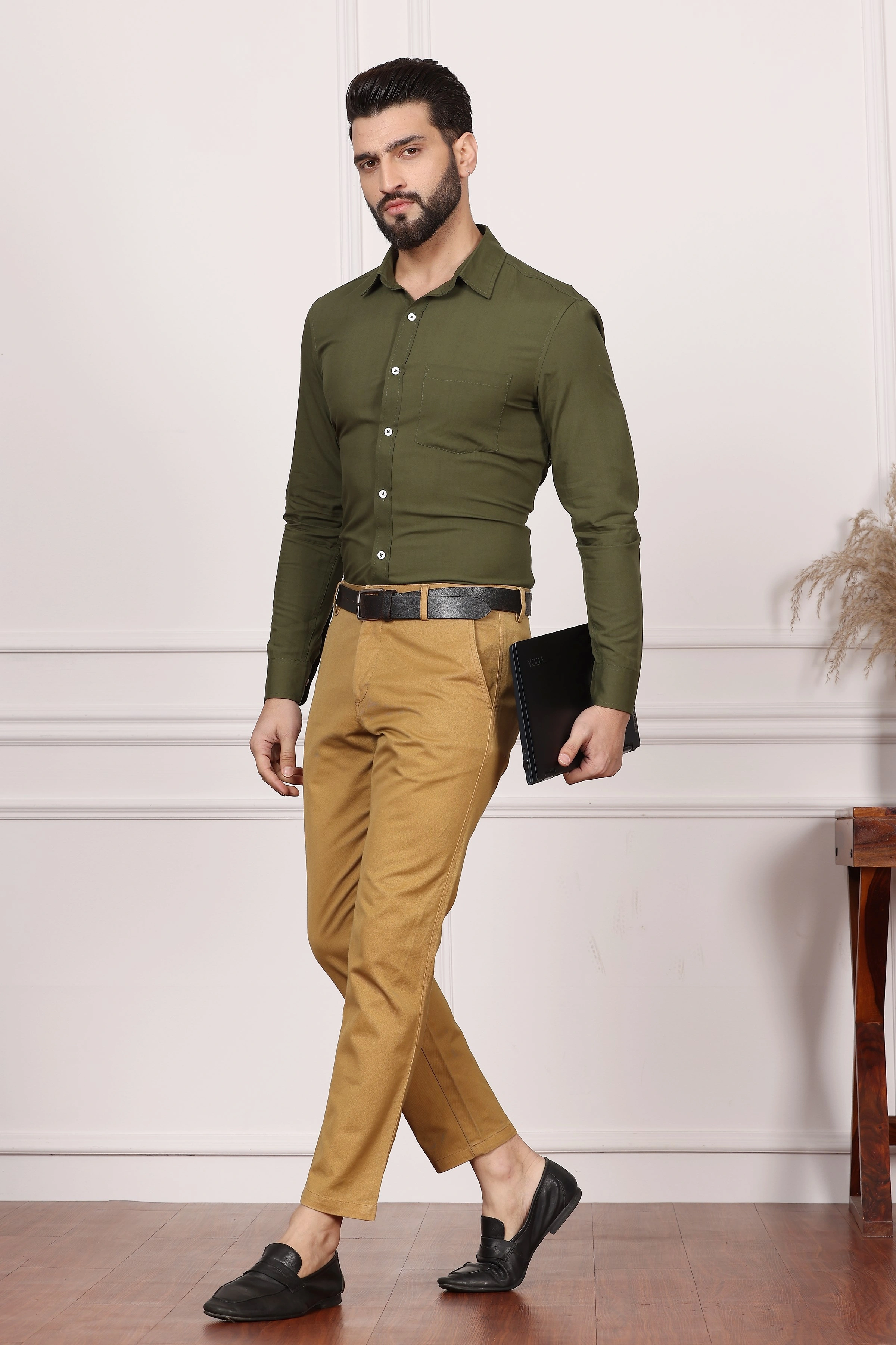 Olive Green Formal Cotton Shirt-S-4