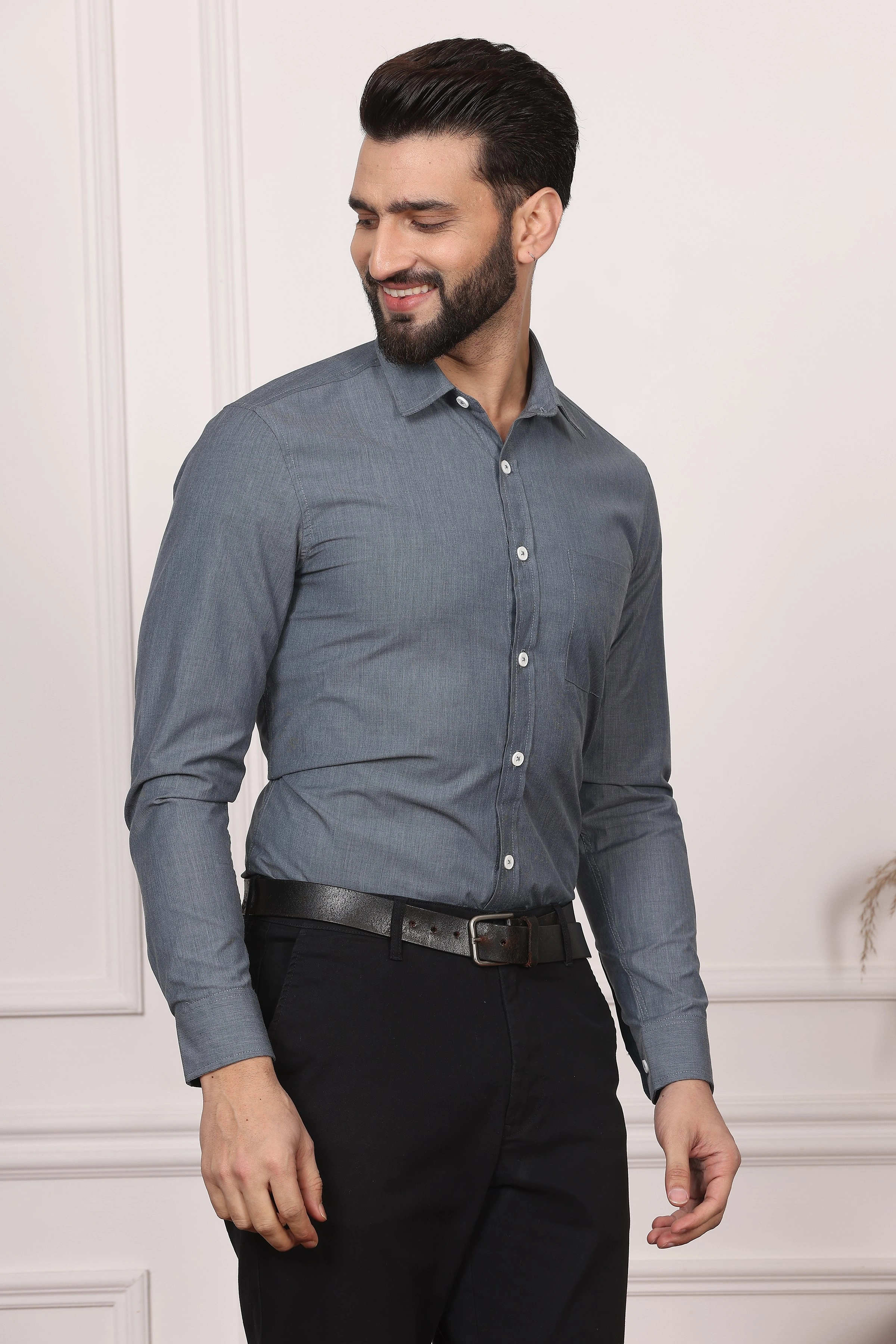 Grey Formal Cotton Shirt-S-2