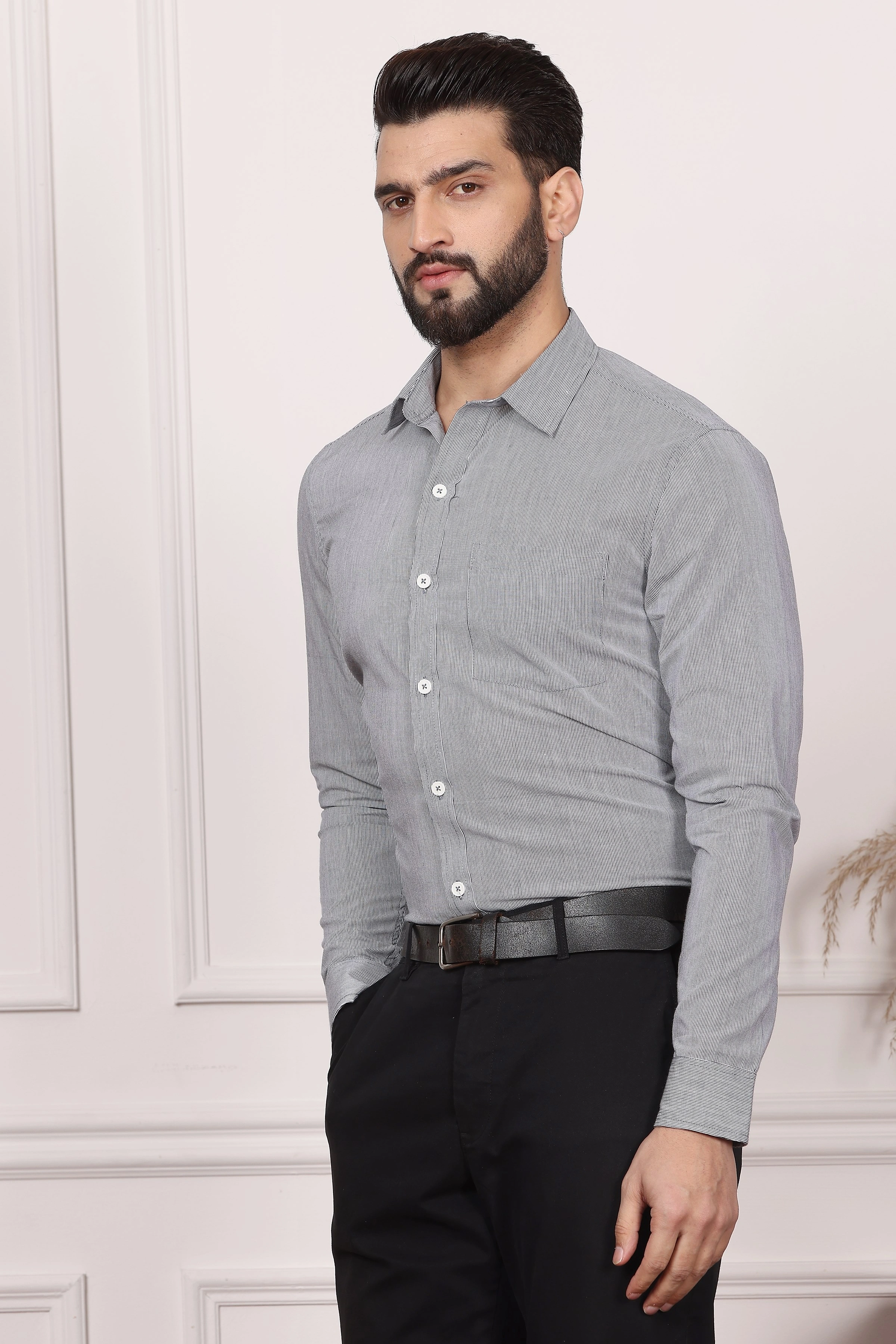 Steel Grey Stipe Formal Cotton Shirt-S-1