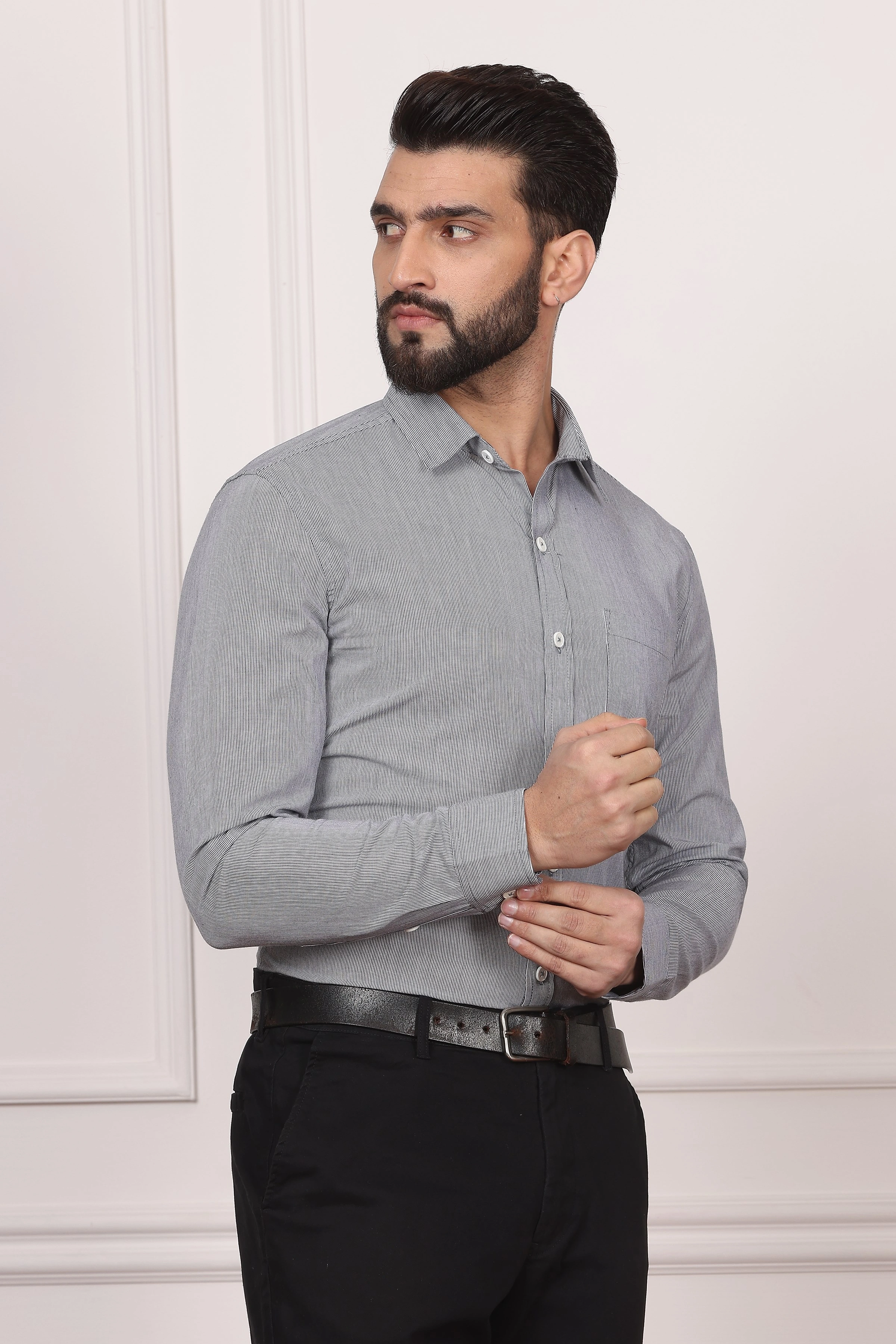 Steel Grey Stipe Formal Cotton Shirt-S-3