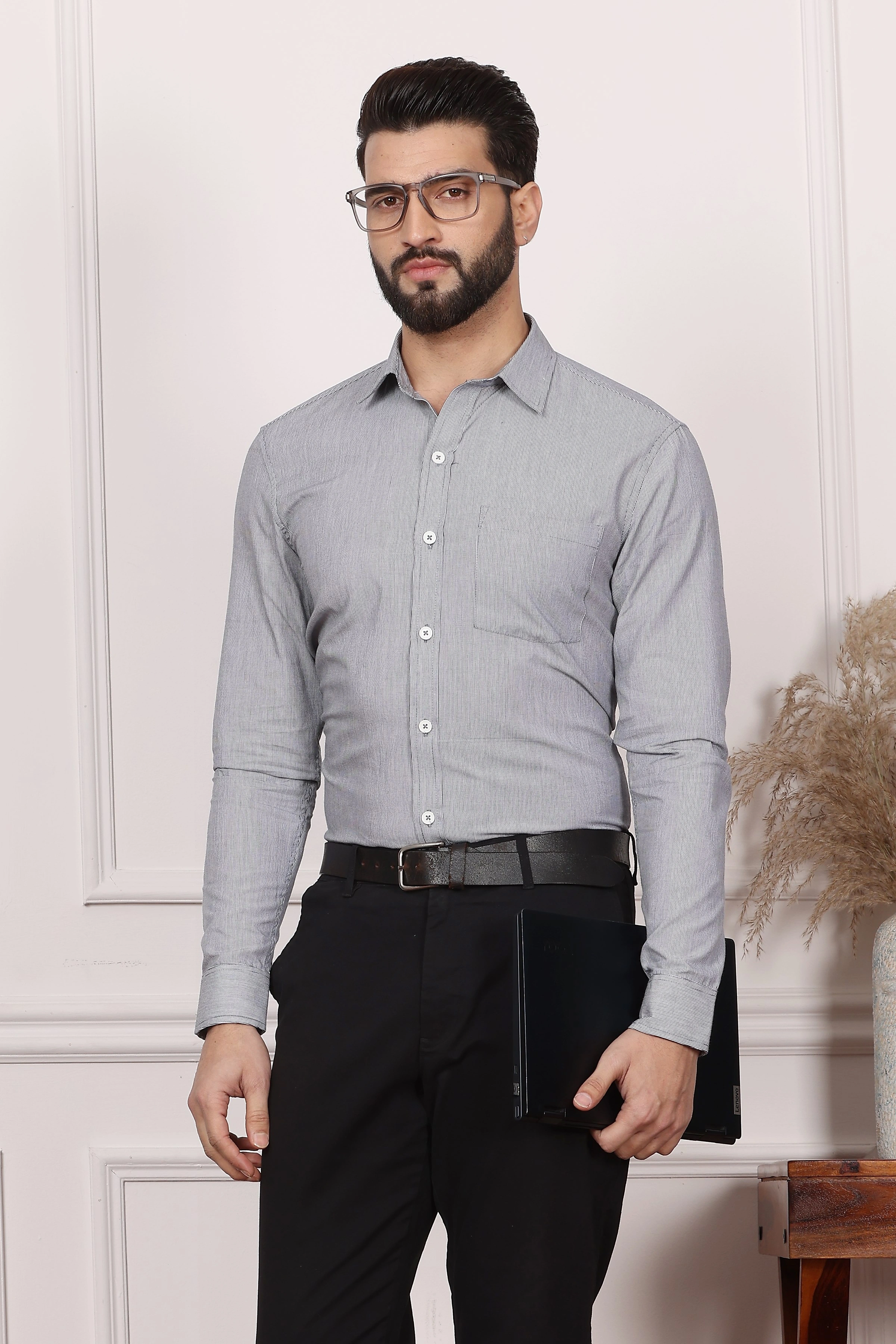 Steel Grey Stipe Formal Cotton Shirt-S-4