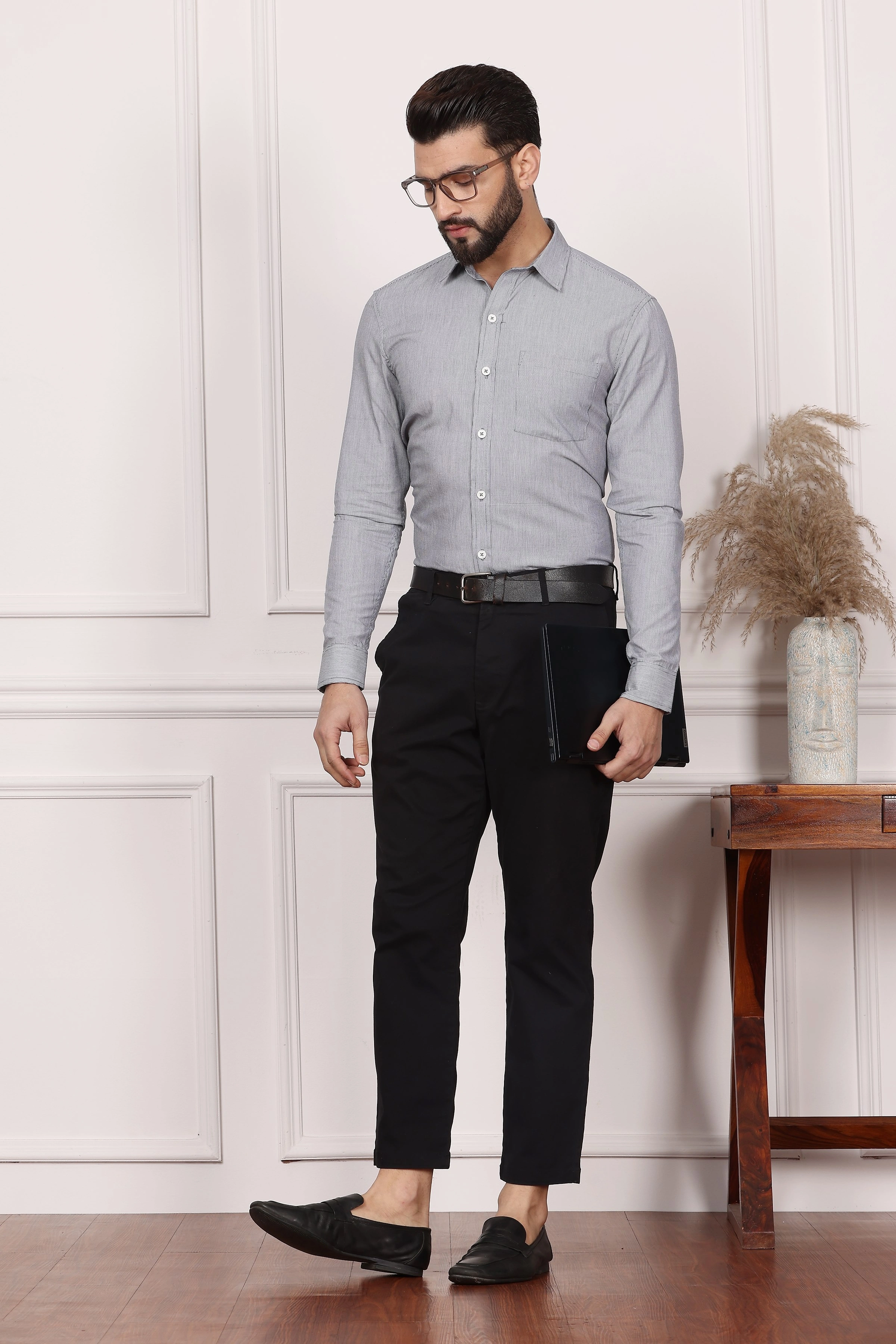 Steel Grey Stipe Formal Cotton Shirt-S-5