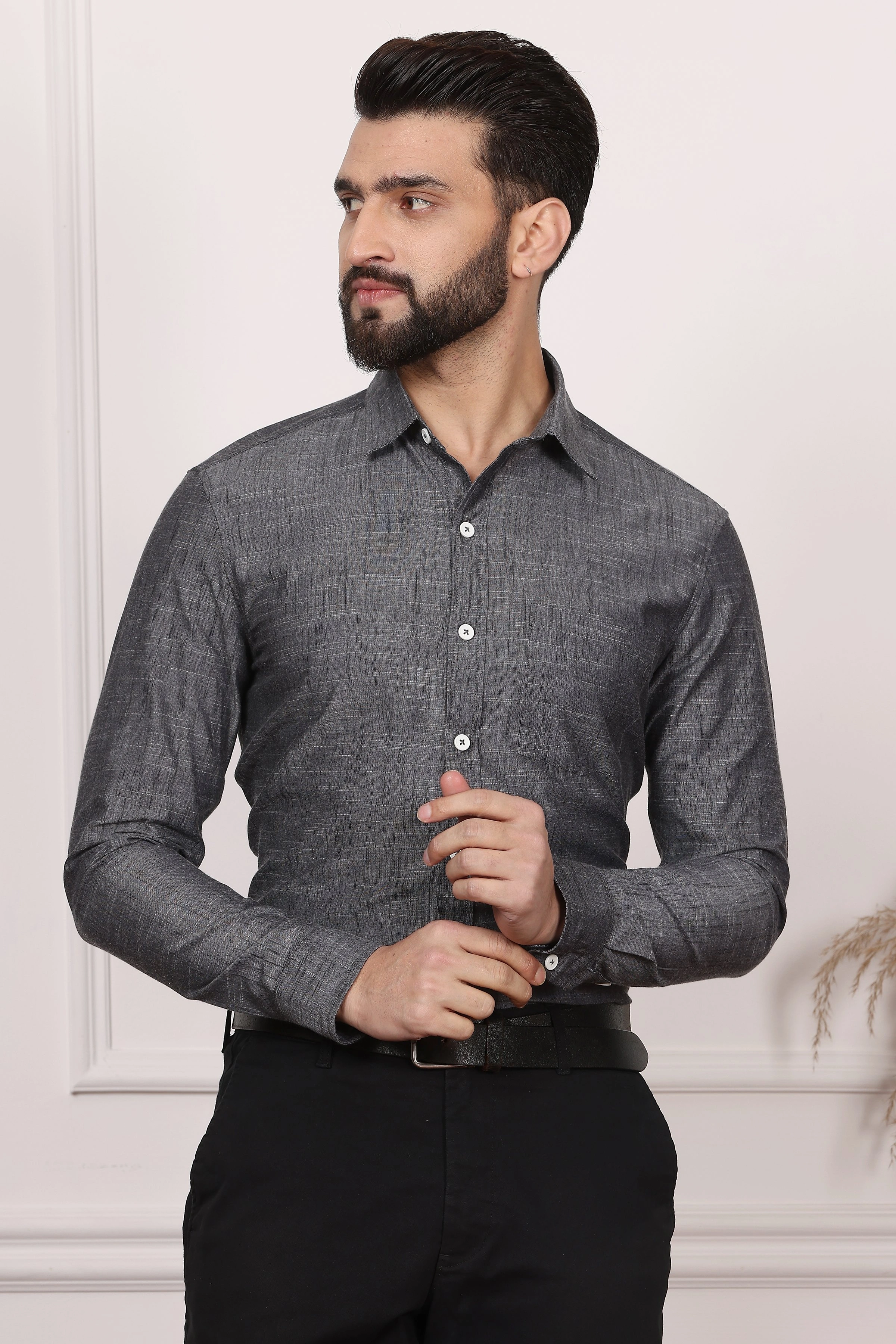 Gingham Dark Grey Cotton Shirt-BE1155-S