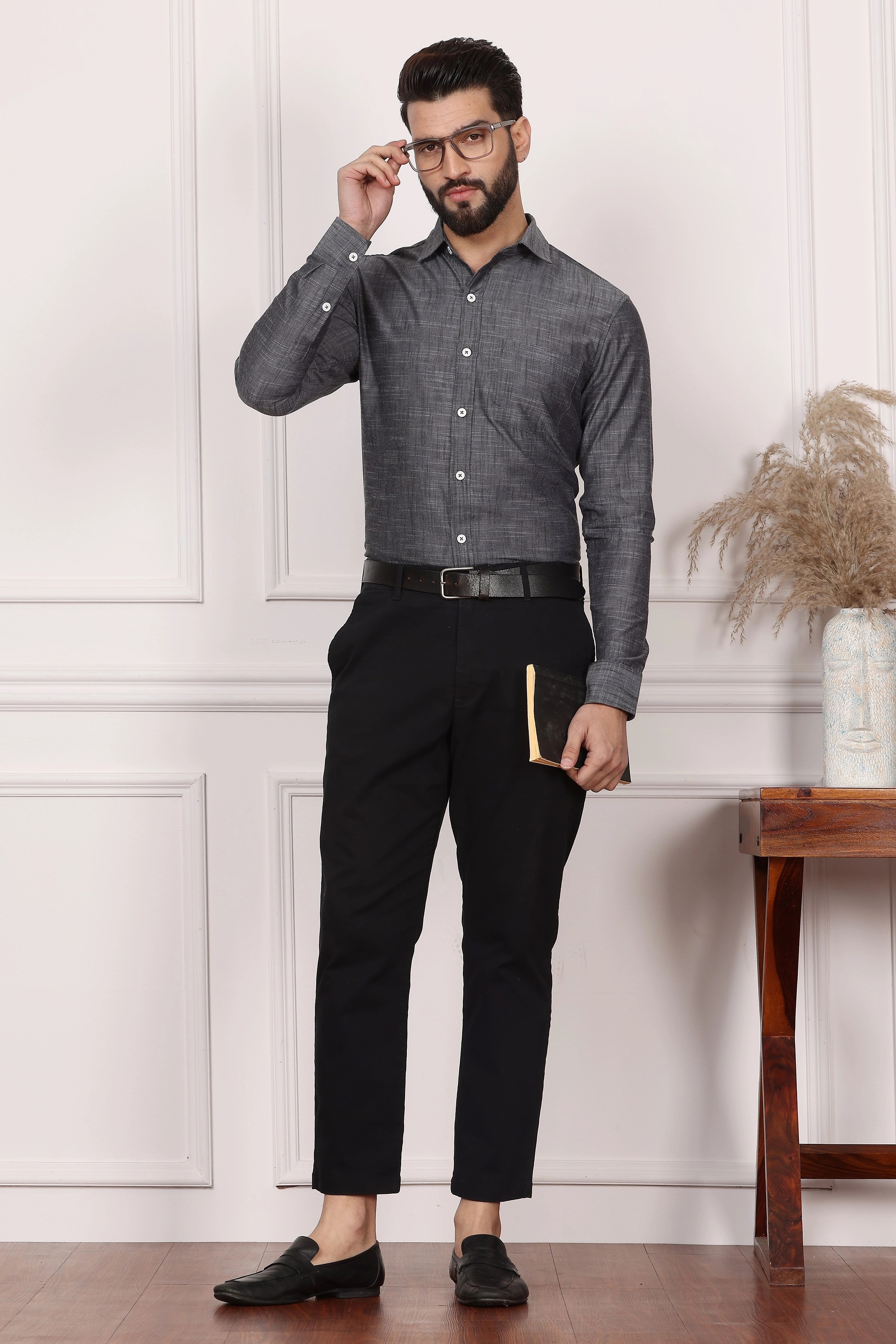 Gingham Dark Grey Cotton Shirt-S-3