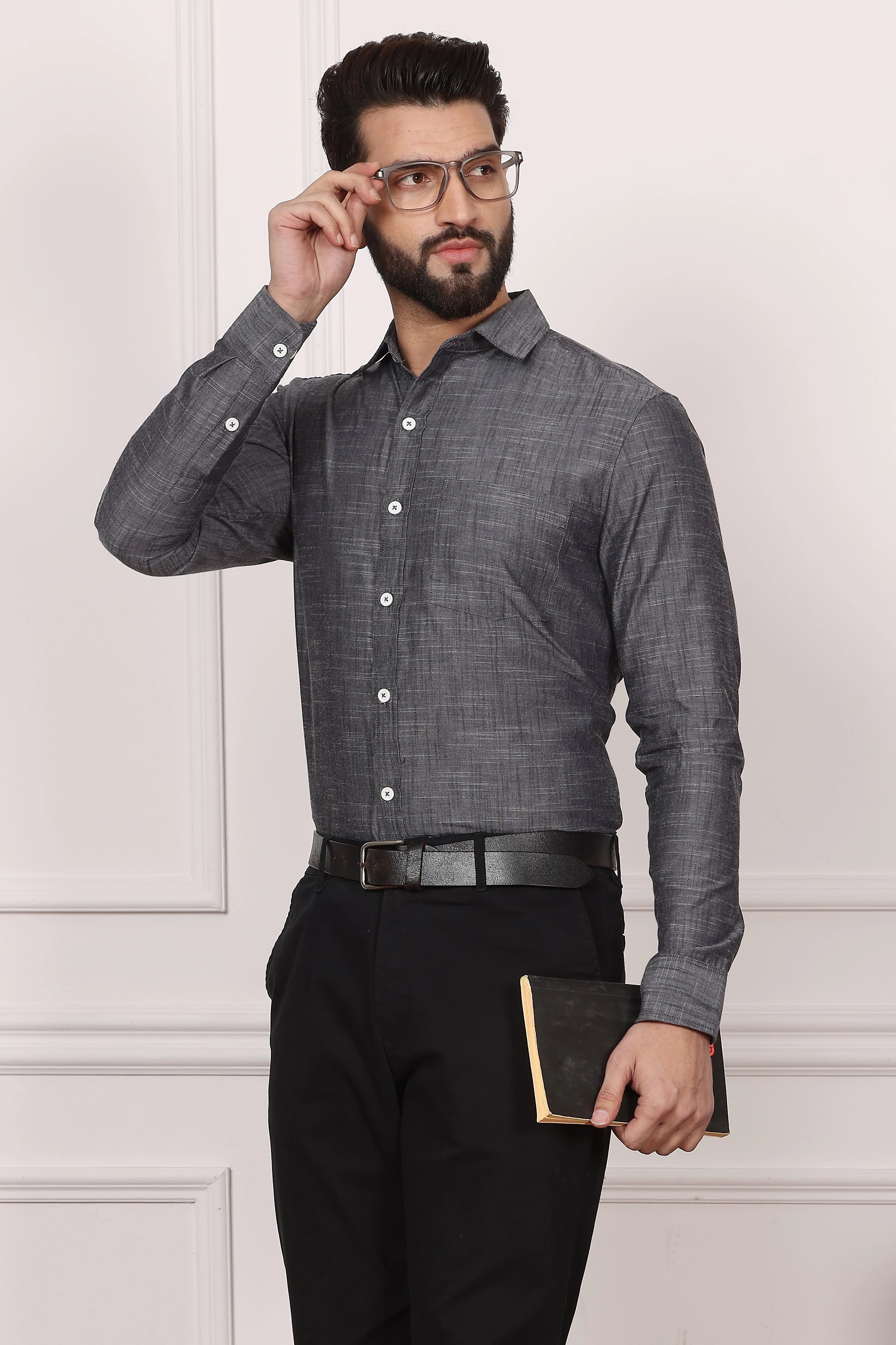 Gingham Dark Grey Cotton Shirt-S-4