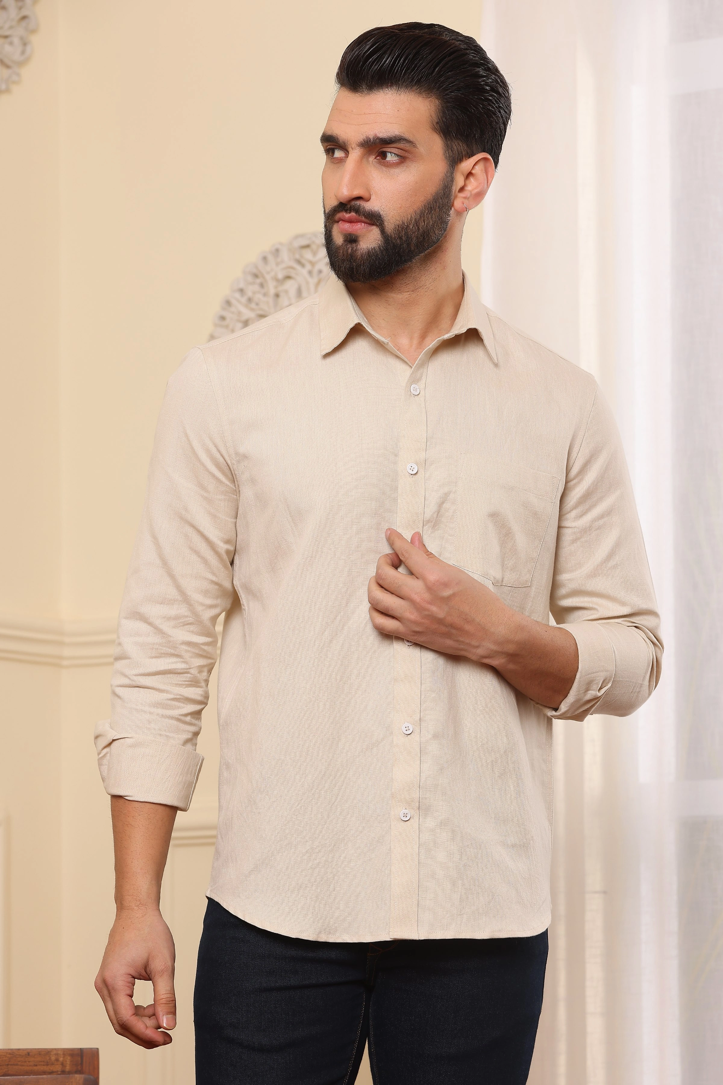 Beige Pure Linen Shirt-BE1106-S