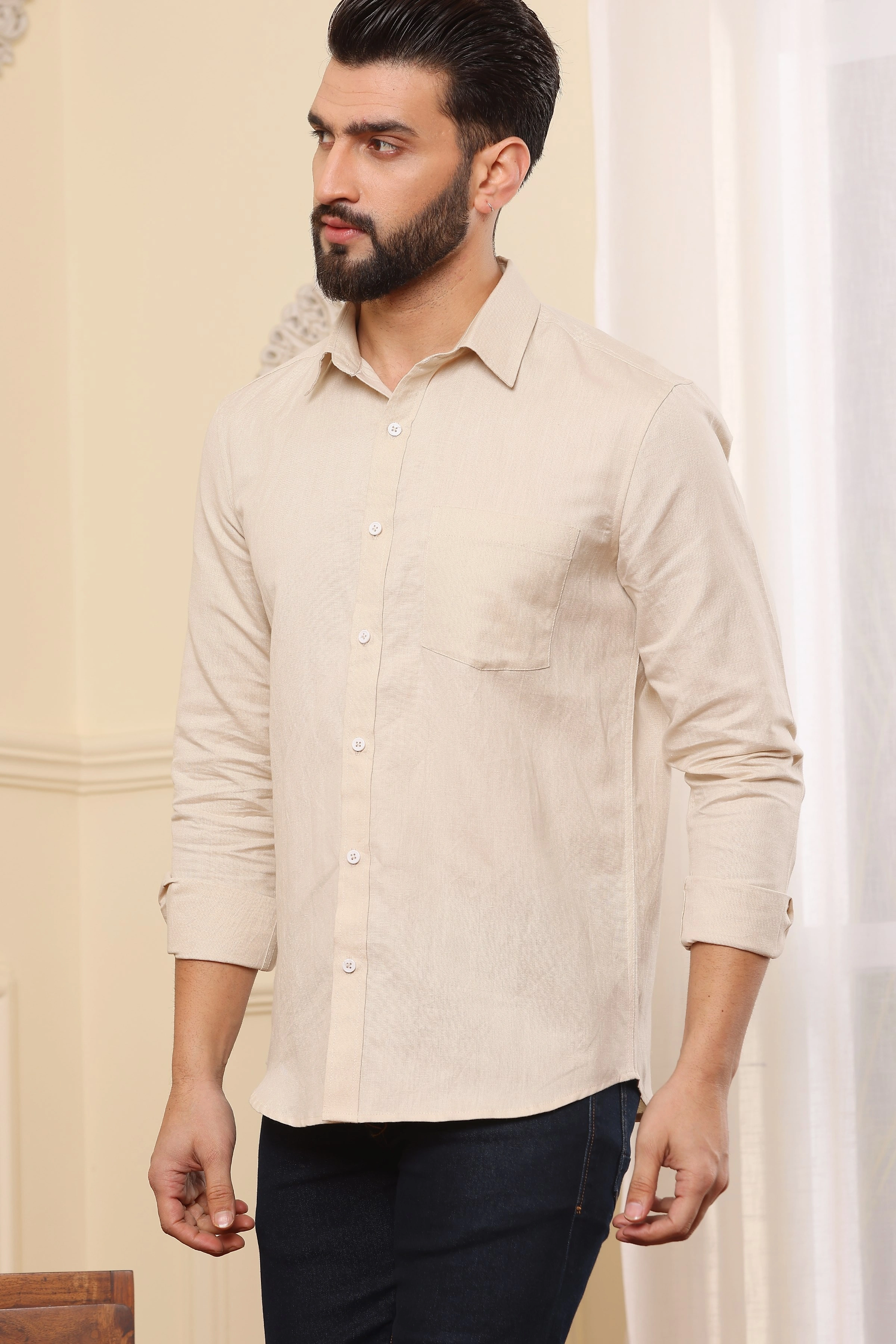 Beige Pure Linen Shirt-S-1