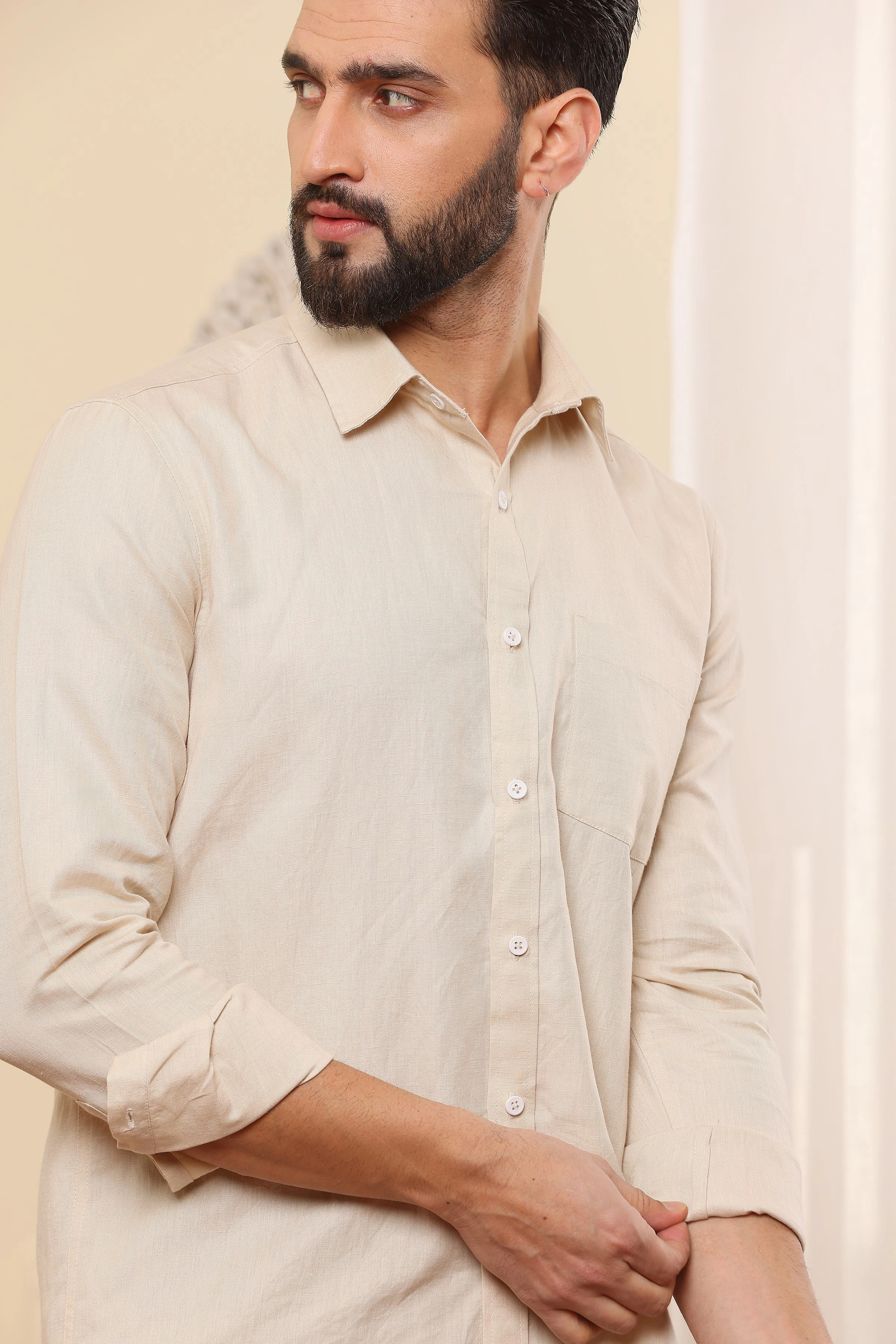 Beige Pure Linen Shirt-S-2