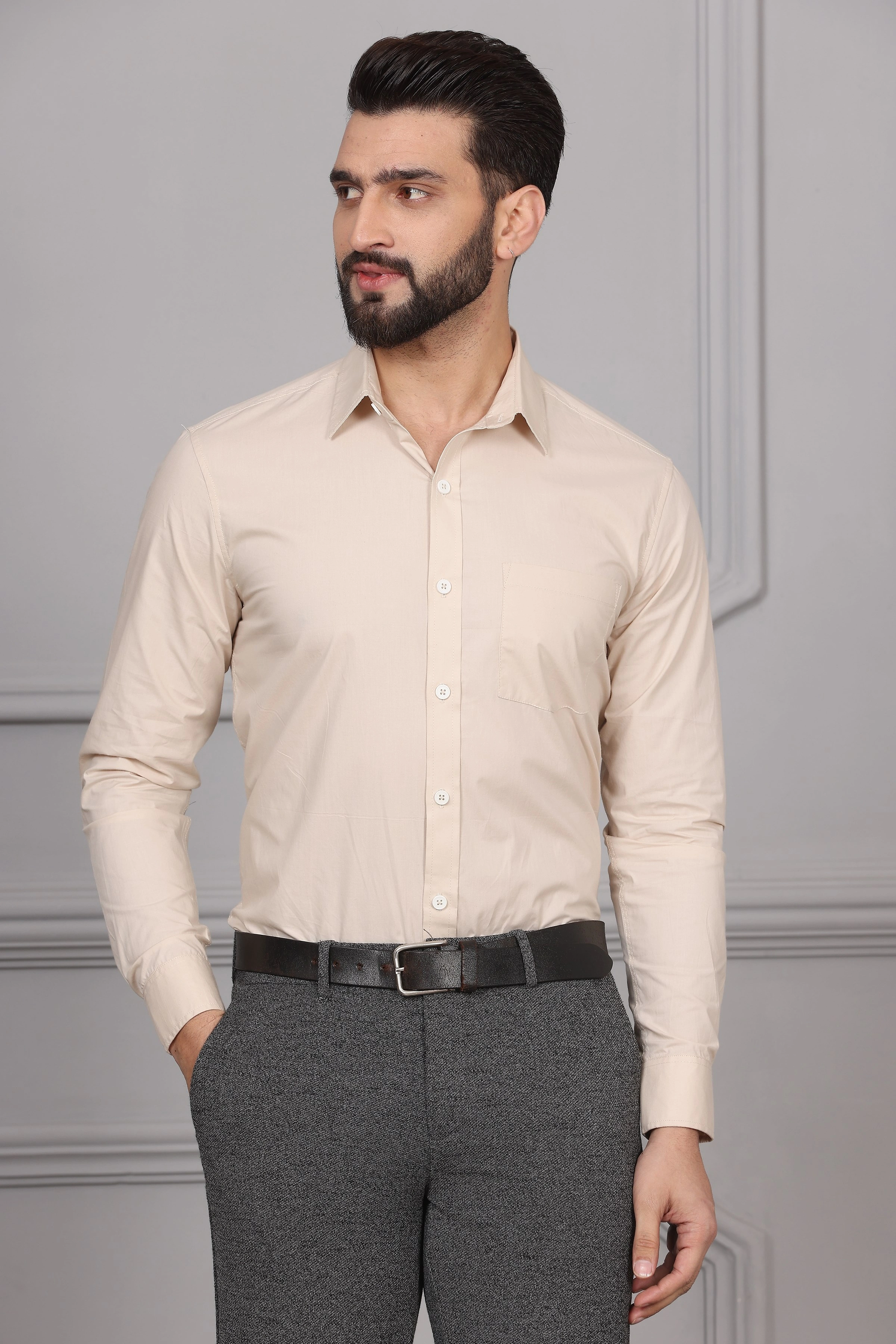 Beige Cream Formal Cotton Shirt-BE1143-S